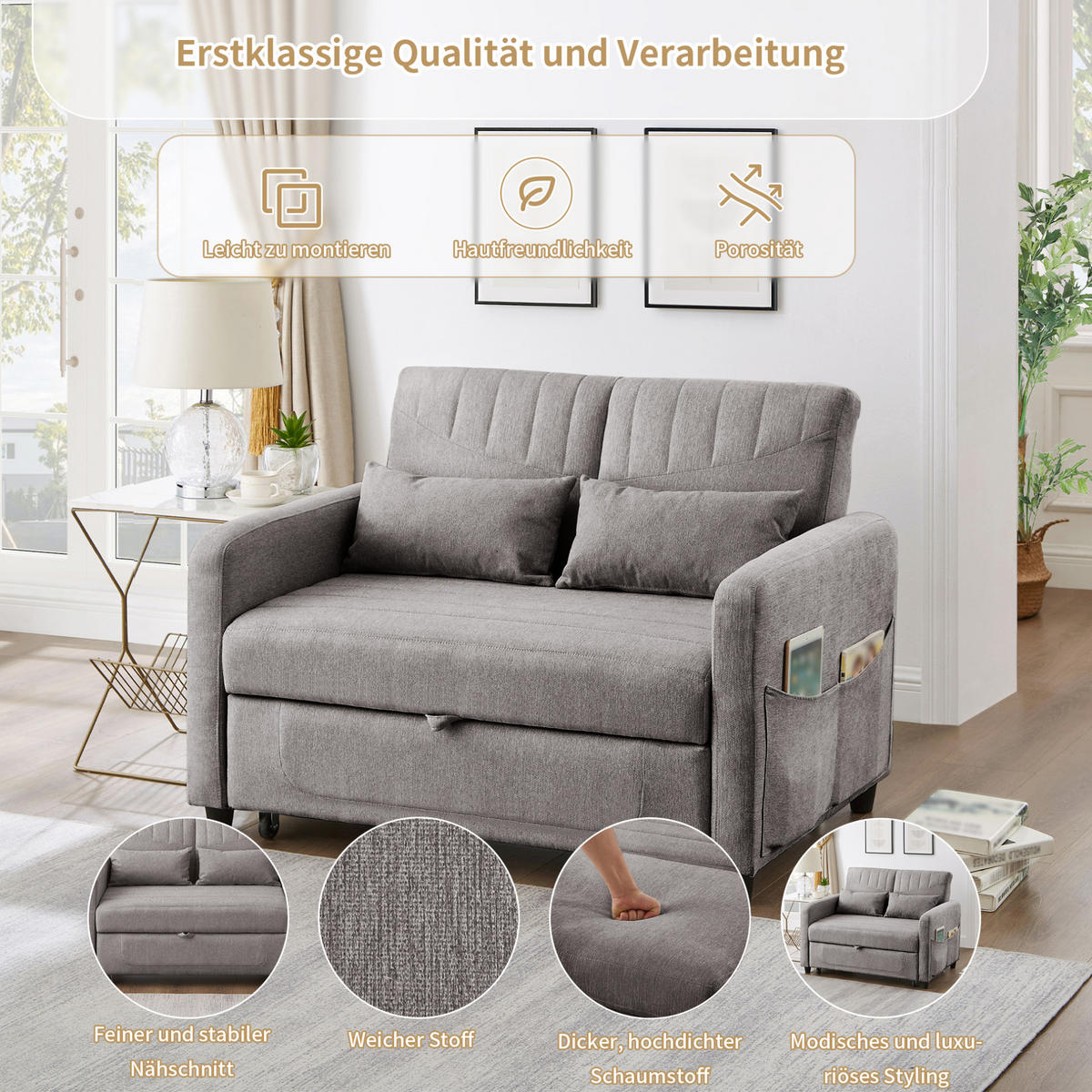SCHLAFSOFA Baumwoll-Leinen mit Ausziehfunktion und verstellbarer Rückenlehne Grau 114/77/82,5 cm - Grau, Textil (77/82.5/114cm) - Redom