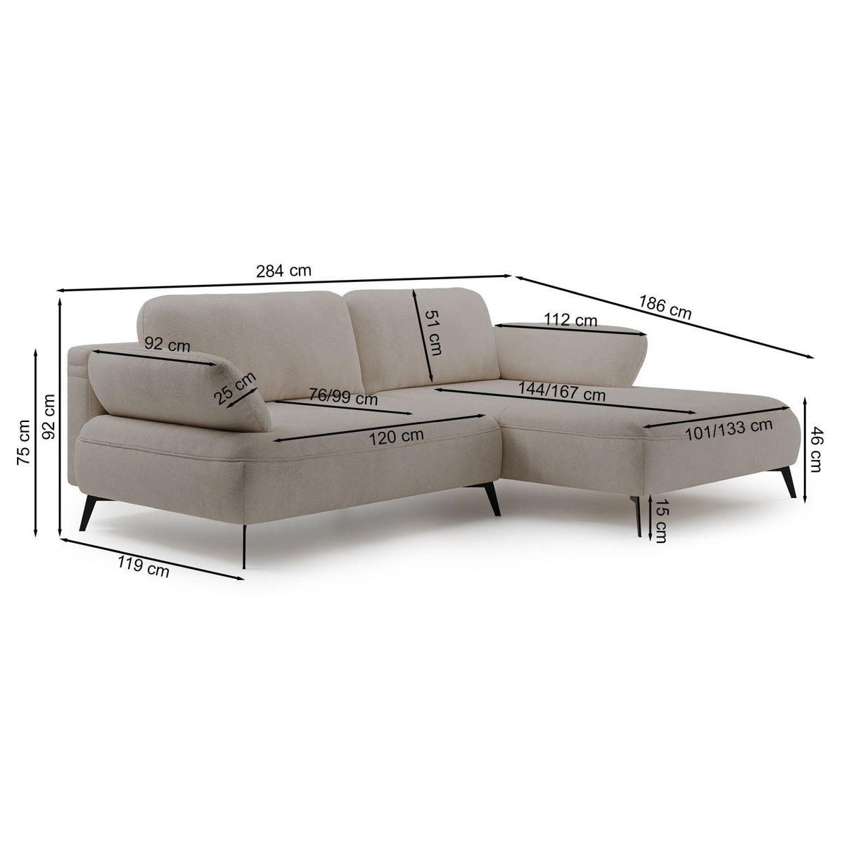 ECKSOFA Avolla Beige rechts - Beige/Schwarz, Textil/Metall (186/284cm) - Selsey