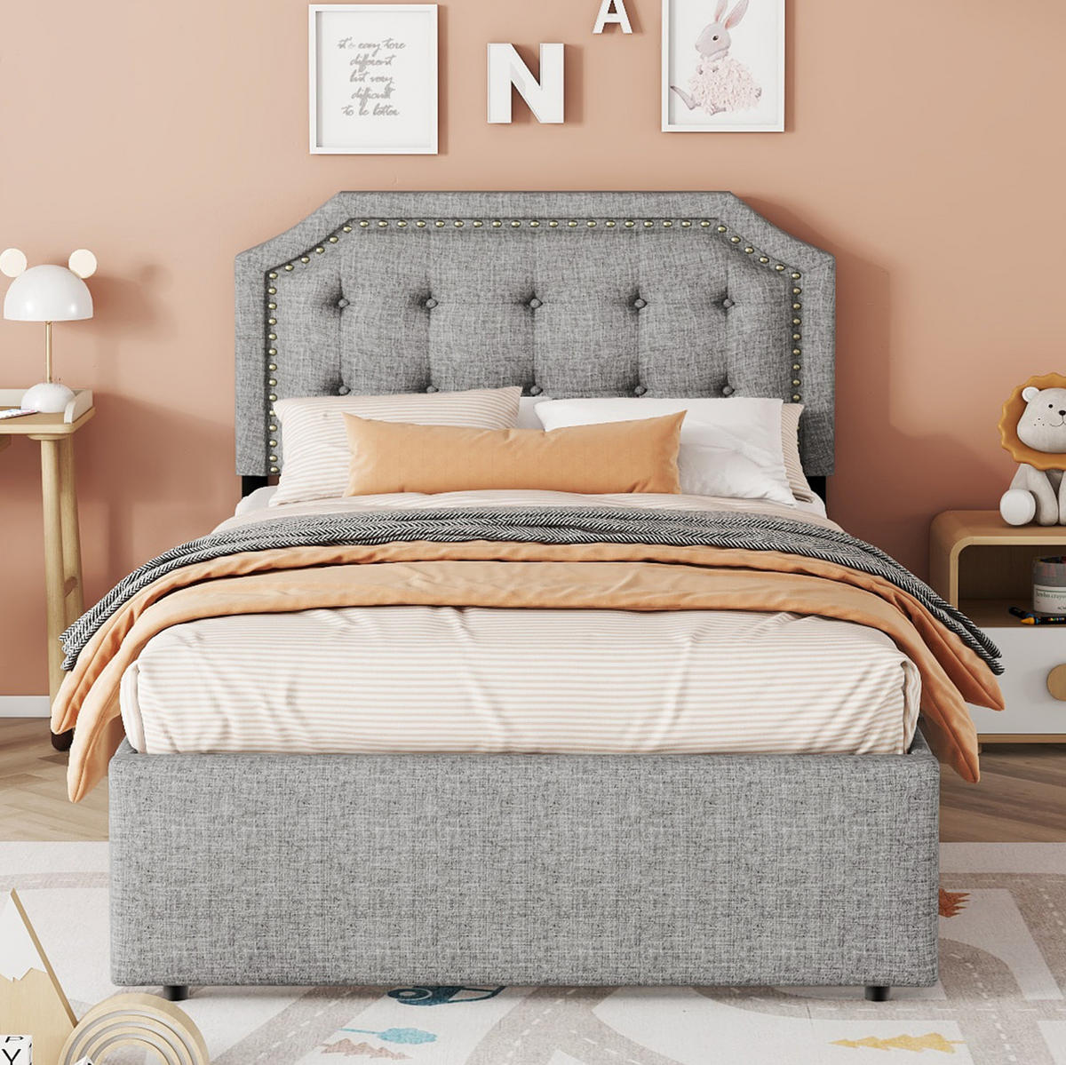 POLSTERBETT 90/200 cm mit Schubladen und gepolstertem Kopfteil in Grau - Grau, Textil (90/200cm) - BEAOK