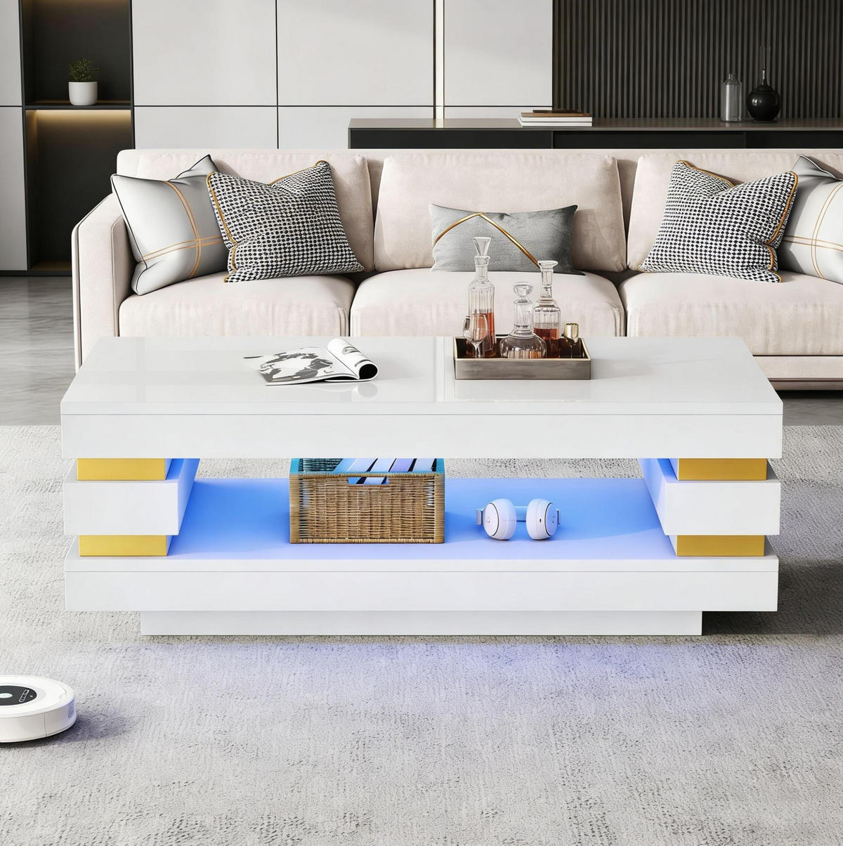 COUCHTISCH aus Spanplatte 100x50x35 cm in Weiß mit LED-Beleuchtung - Weiß, Holzwerkstoff (100/50/35cm) - Modfu