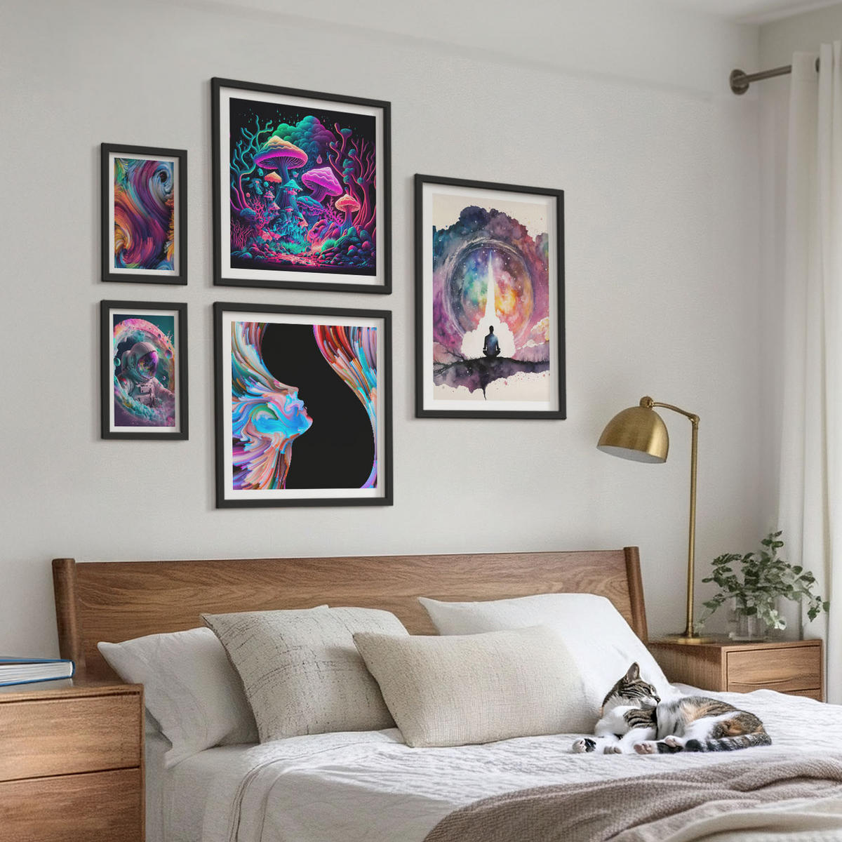 WANDBILDER 5er-Set - 50x50 cm & 20x30 cm & 40x60 cm Schwarzer Rahmen - Farbenfrohe Fantasy-Kunstillustrationen - Schwarz, Kunststoff (40/60cm) - ArtPrintCave