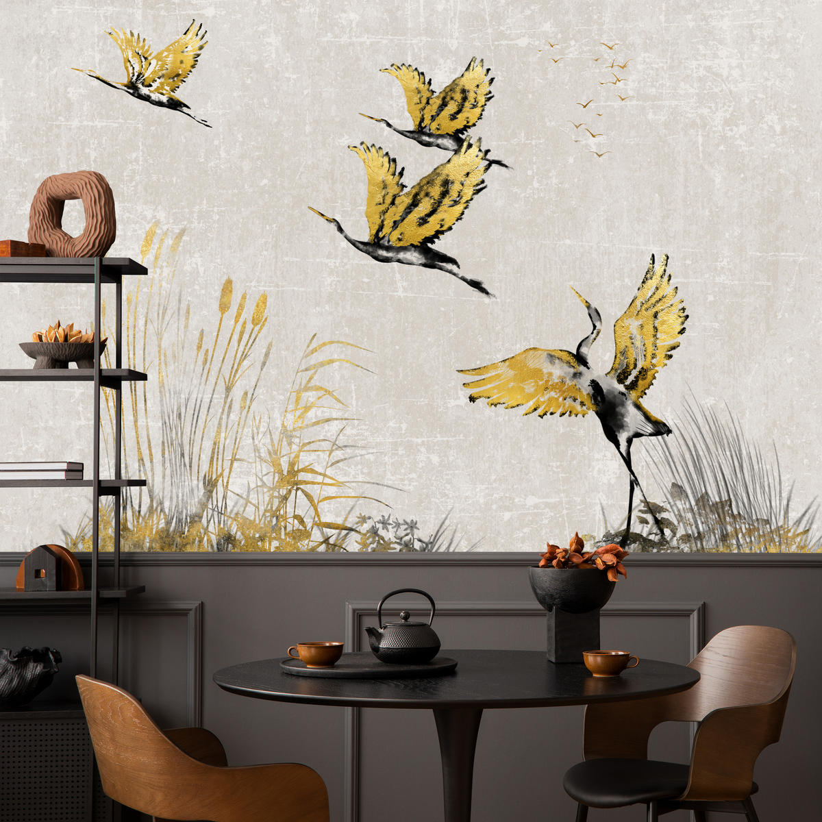 FOTOTAPETE Vögel Pflanzen Beton Abstraktion 150x105 - Gelb/Beige, Papier (150/105cm) - Muralo