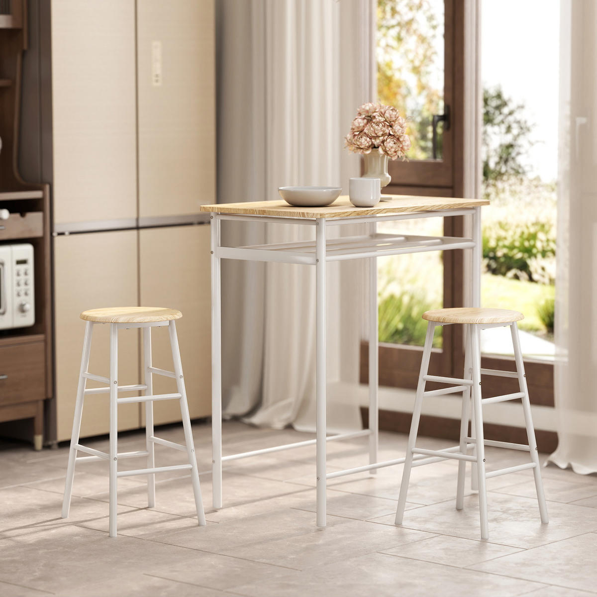 BARTISCH-SET DE-14801 mit 2 Hockern & Ablage Weiß - Weiß, Metall (80/50/90cm) - ComfortXL