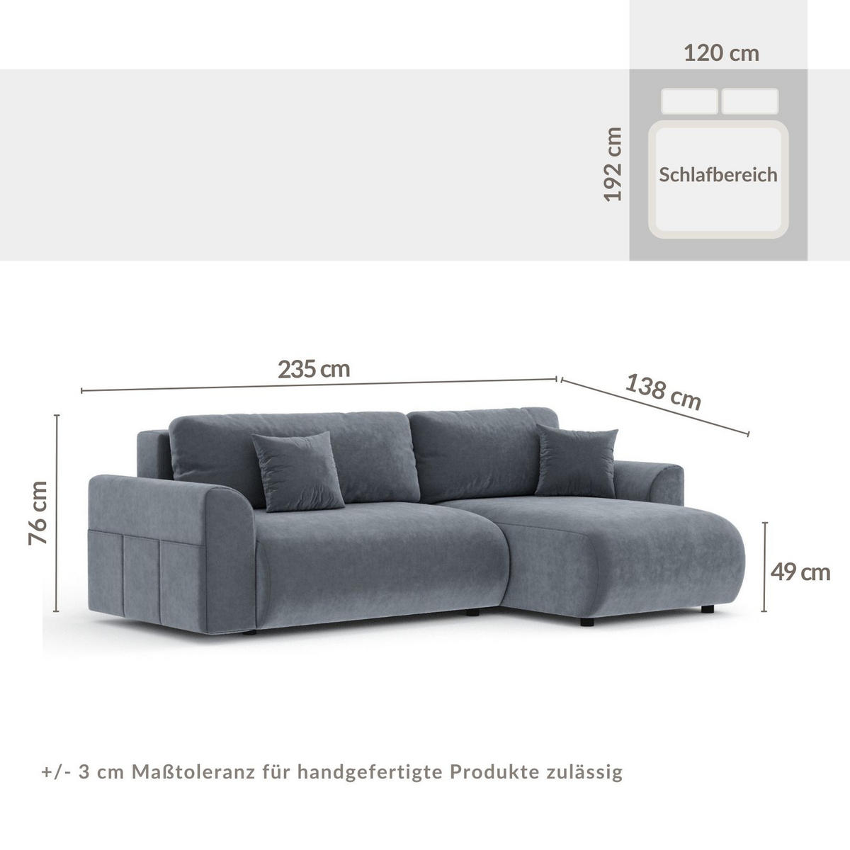 ECKSOFA MIT SCHLAFFUNKTION Bodega Grau Samtstoff - Schwarz/Grau, Holz/Holzwerkstoff (235/138cm) - Maison de Reve
