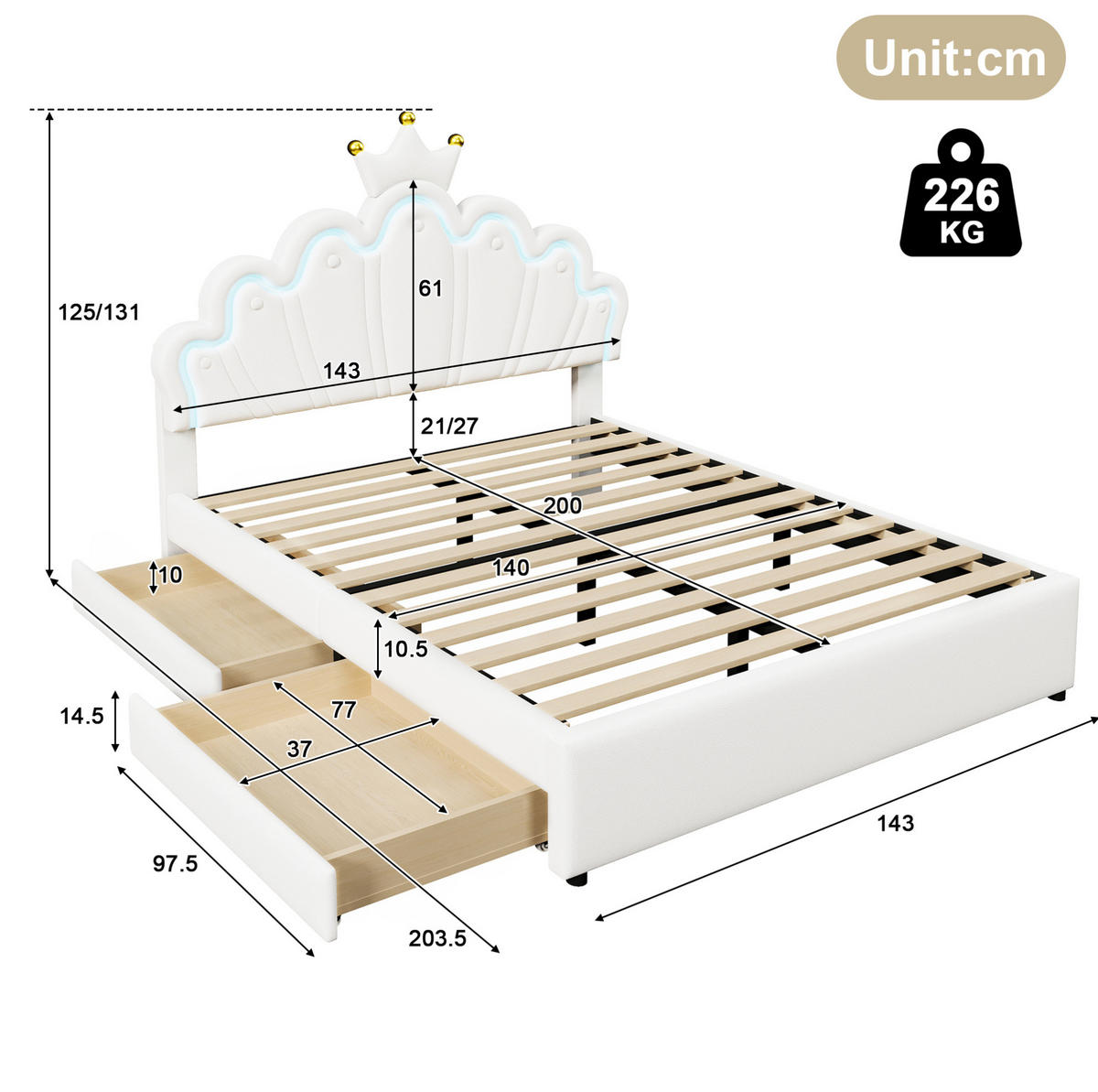 DĚTSKÁ postel 140/200 cm bílá z PU a MDF s nastavitelným čelem, LED osvětlením a 2 zásuvkami - bílá, kůže (140/200cm) - OKWISH