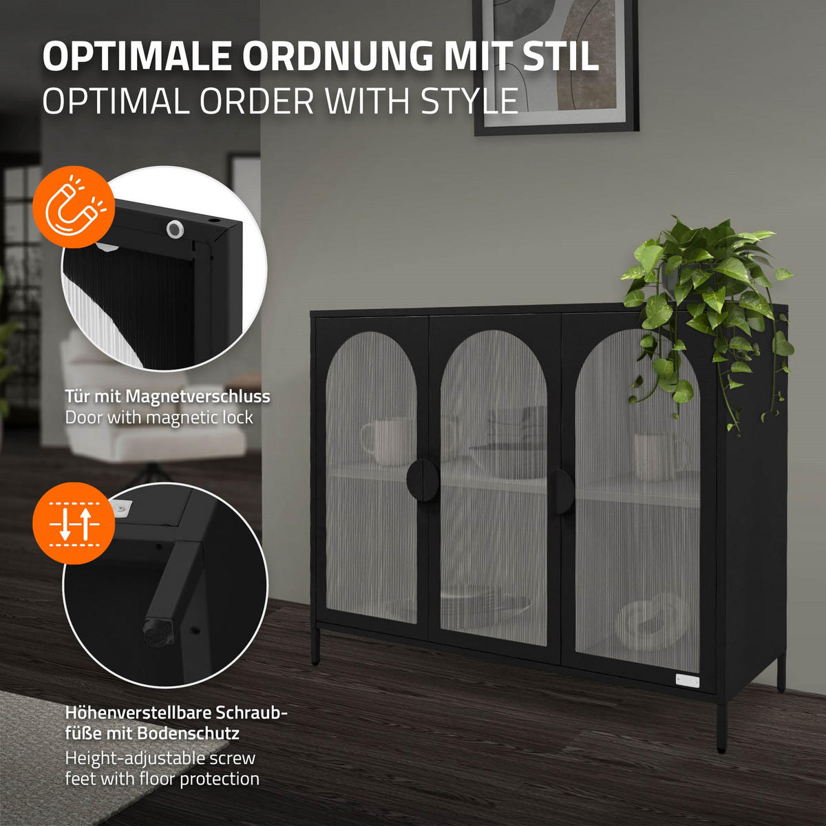 VITRINENSCHRANK aus Stahl 120x93x40 cm Schwarz mit 3 Türen - Schwarz, Metall (120/93/40cm) - ML-DESIGN