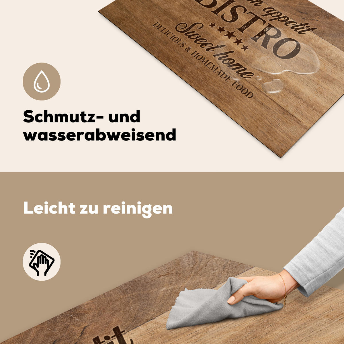 HERDABDECKPLATTE Zitat - Bistro - Guten Appetit - Süßes Zuhause - Holzmaserung Induktionsmatte 83x51 cm - Braun, Kunststoff (83/51.5/0.2cm) - MuchoWow