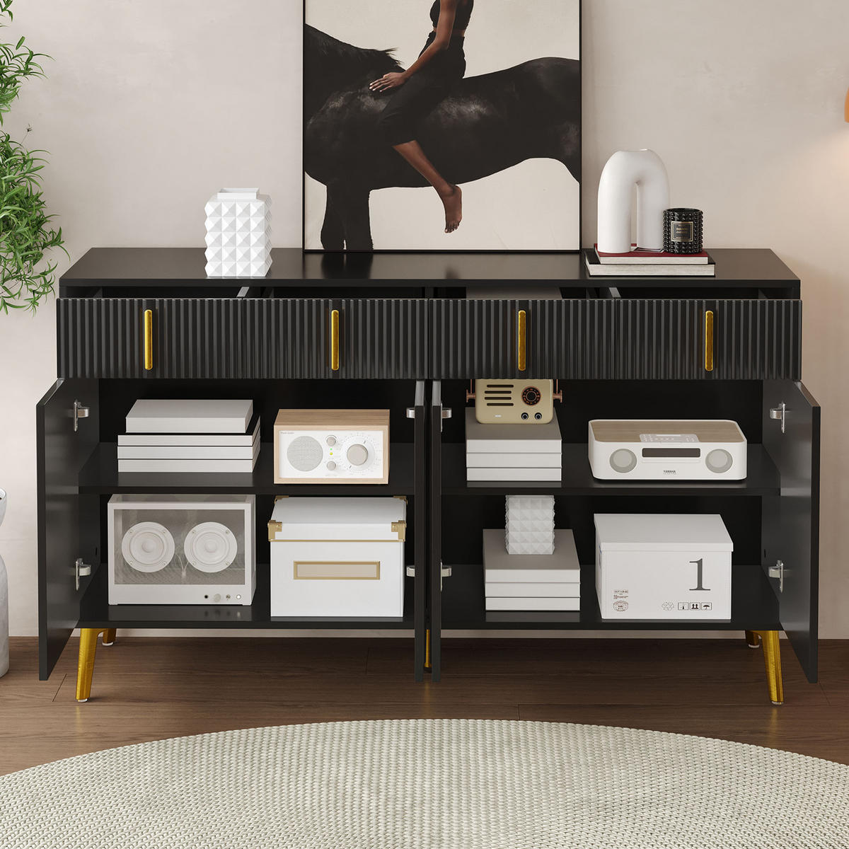 SIDEBOARD Schwarz mit 3 Schubladen, 2 Türen und offenen Fächern - Schwarz, Holzwerkstoff/Metall (140/82/37.8cm) - Urban Meuble