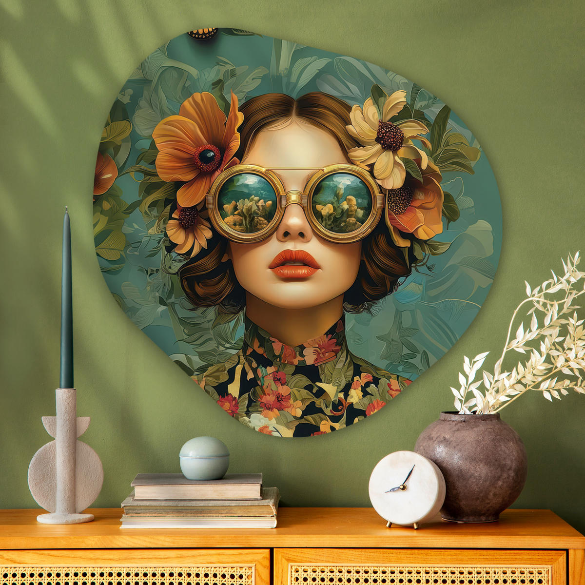 WANDBILD Frau - Blumen - Schmetterlinge - Natur - Vintage 90x90 cm - Petrol, Kunststoff (90/90cm) - MuchoWow