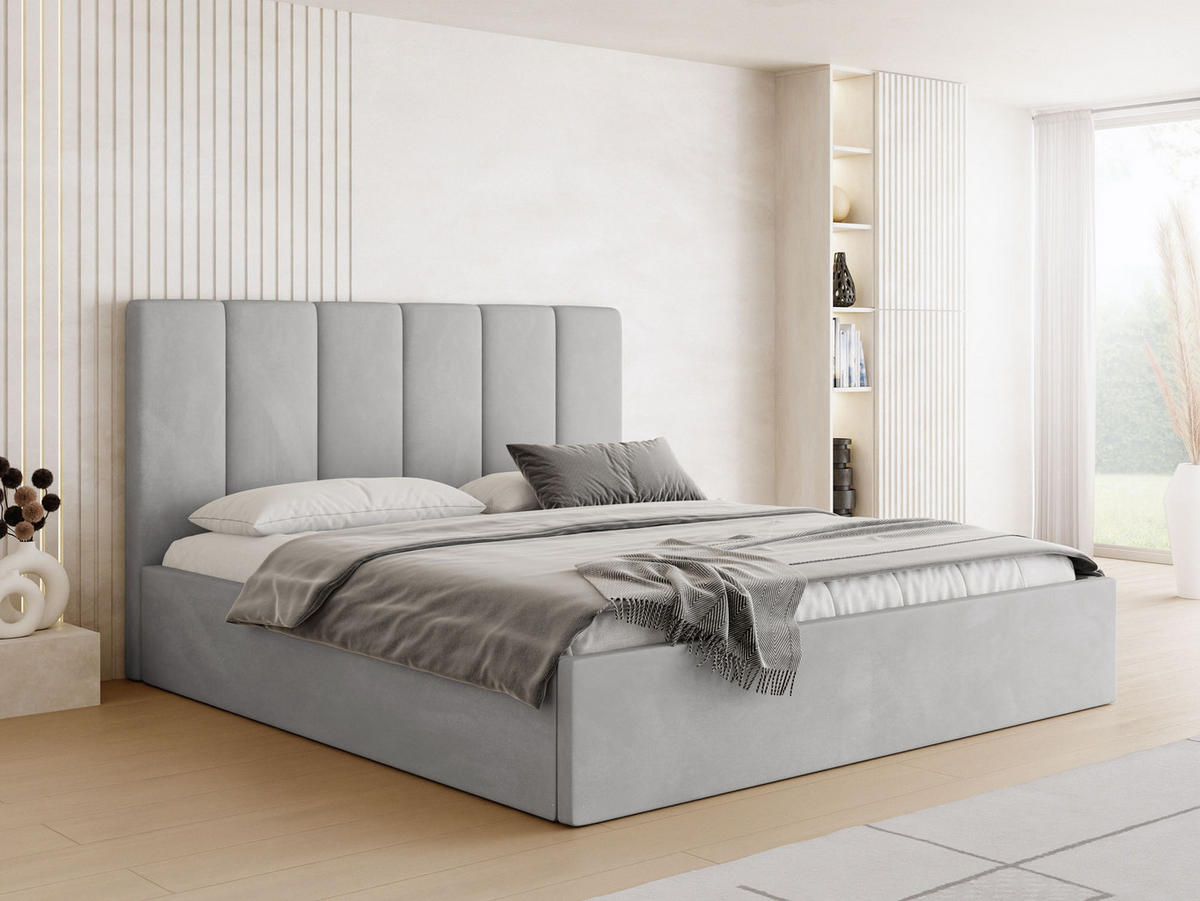 POLSTERBETT Amira Slim mit Bettkasten, Grau Samt 140x200 cm - Birkefarben/Schwarz, Holz/Holzwerkstoff (140/200cm) - WFL GROUP