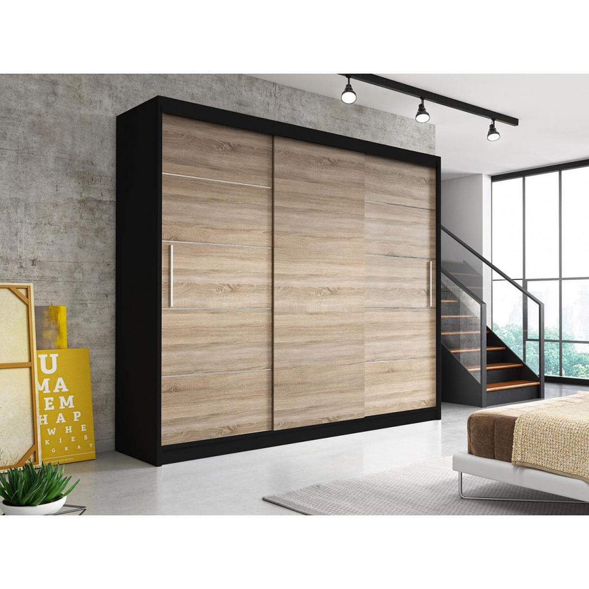 SCHWEBETÜRENSCHRANK Alba ohne Spiegel Schwarz/Sonoma Eiche, mit LED - Beleuchtung 250cm - Alufarben/Schwarz, Holzwerkstoff/Kunststoff (250/218/61cm) - imoebel24