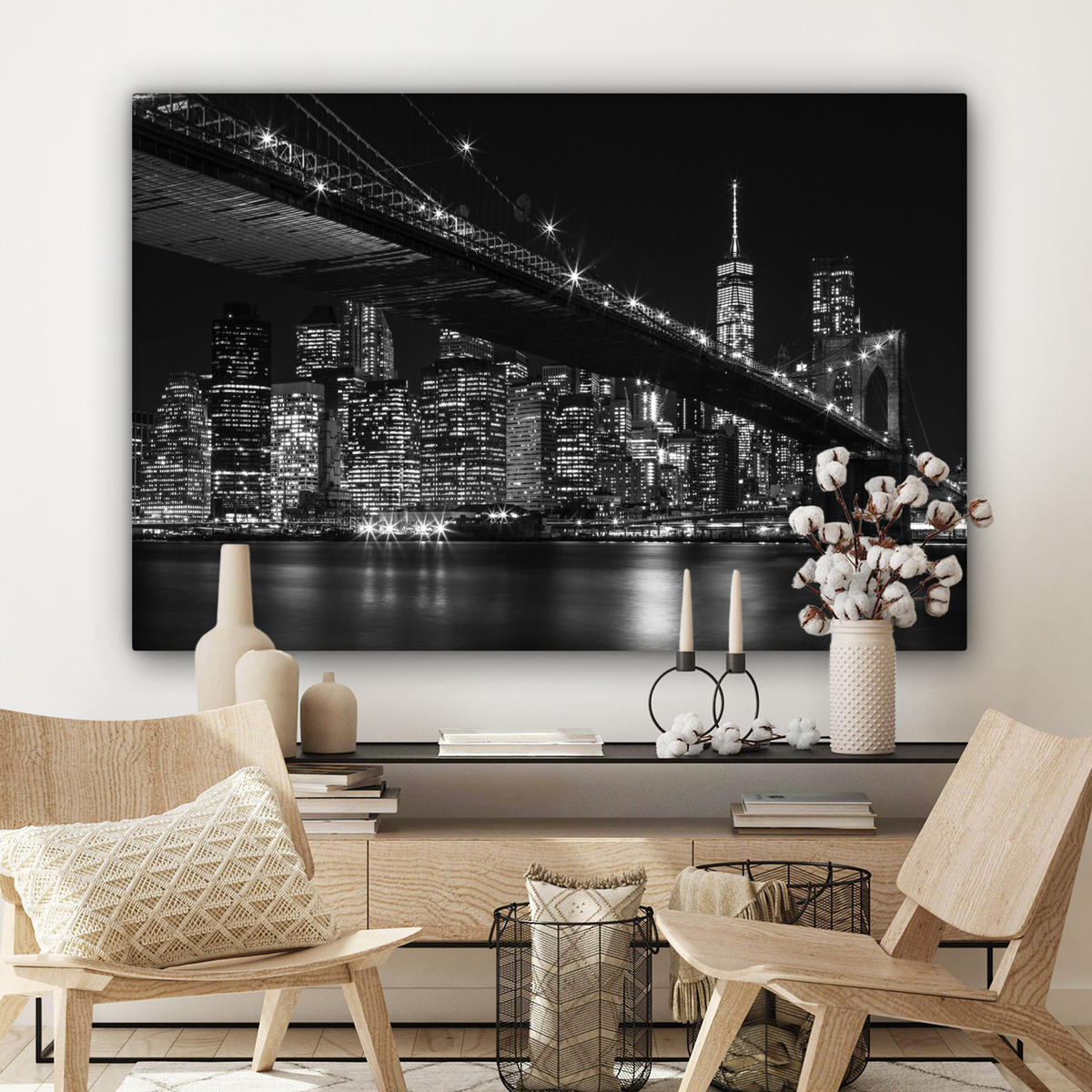 LEINWANDBILD New York - Brooklyn - Brücke Wohnzimmer Groß 120x80 cm - Schwarz, Textil (120/80cm) - MuchoWow