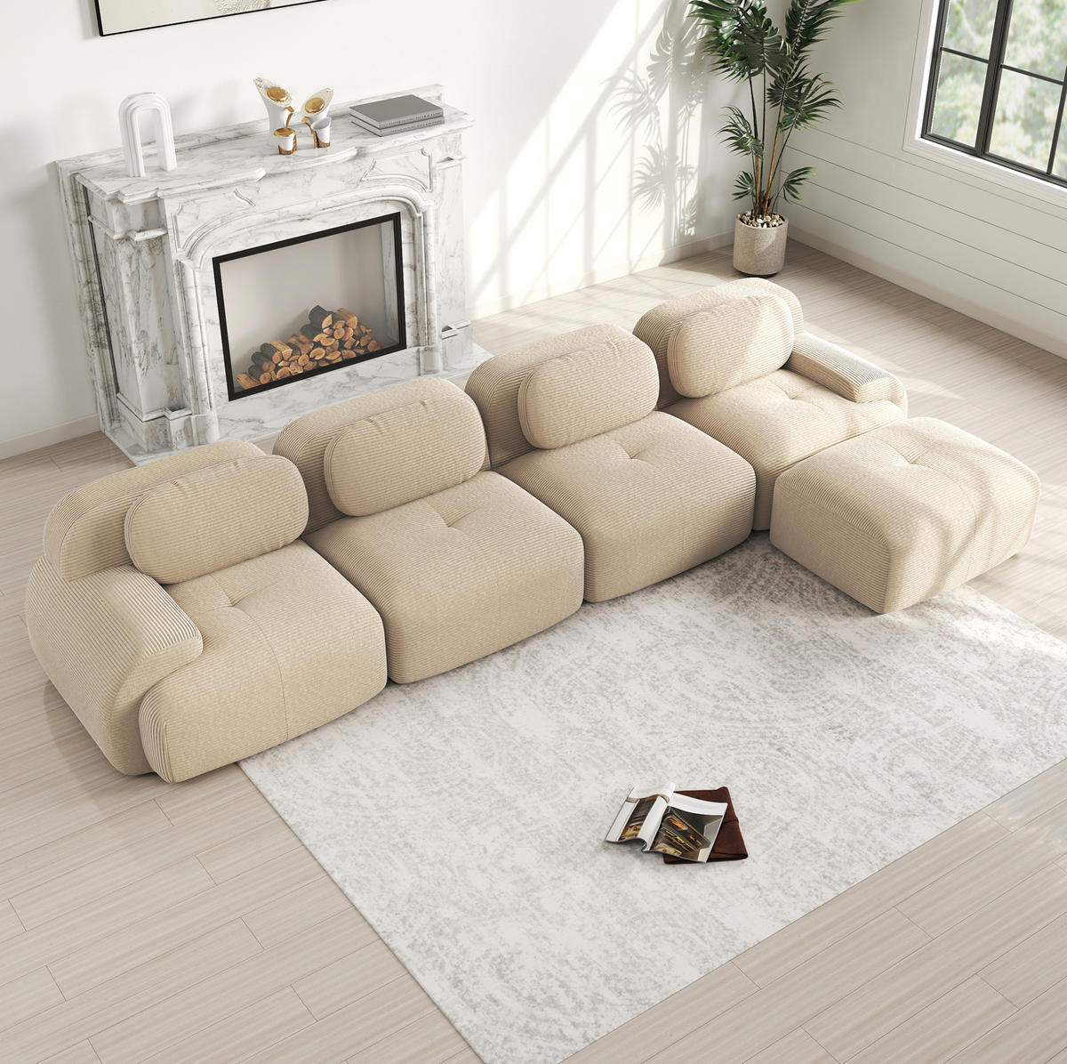 ECKSOFA in Beige aus Cord mit 32D-Schaum und rutschfester Unterseite - Beige, Textil (178/388cm) - Flora Grace
