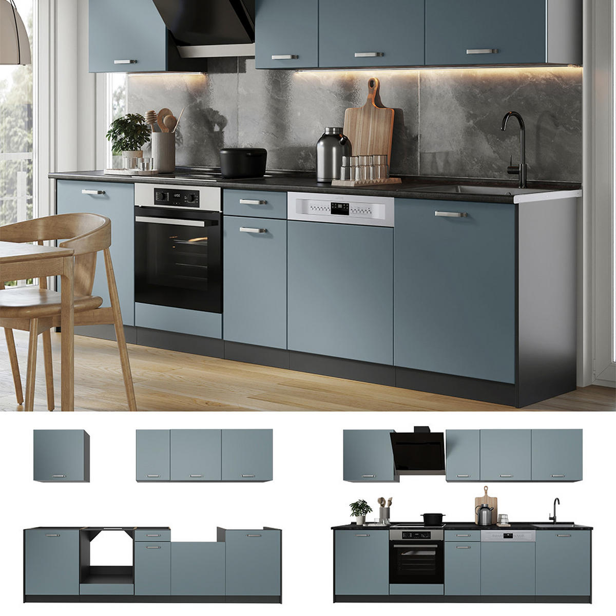 KÜCHENZEILE R-Line, Blau-Grau/Anthrazit, 280 cm ohne Arbeitsplatte - Anthrazit/Blaugrau, Holzwerkstoff (280/206.8/46cm) - Vicco