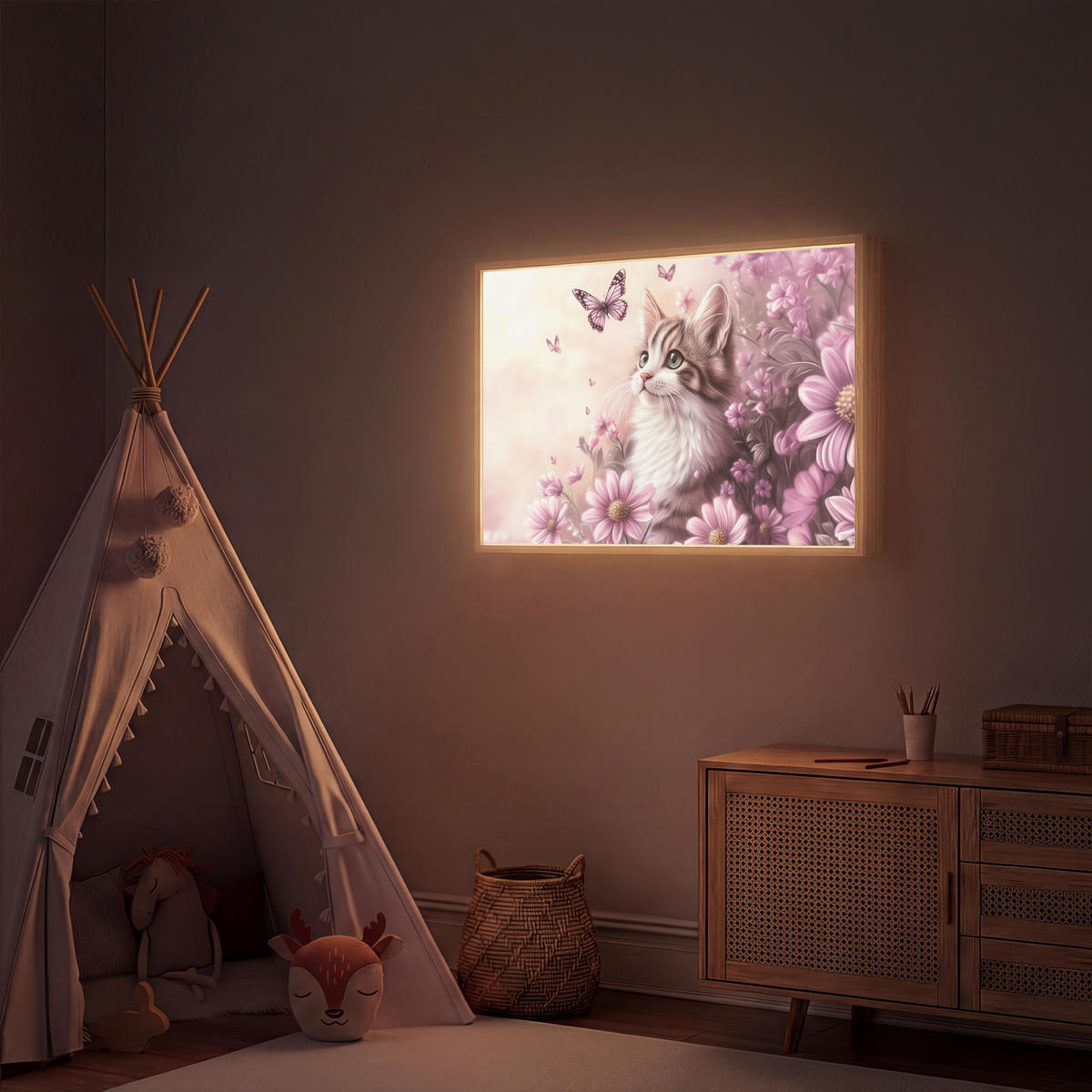 NACHTTISCHLAMPE MIT AKKU Kätzchen - Blumen - Schmetterlinge - Lila 100x70 cm - Altrosa, Holzwerkstoff (8/100/70cm) - OnlyWow