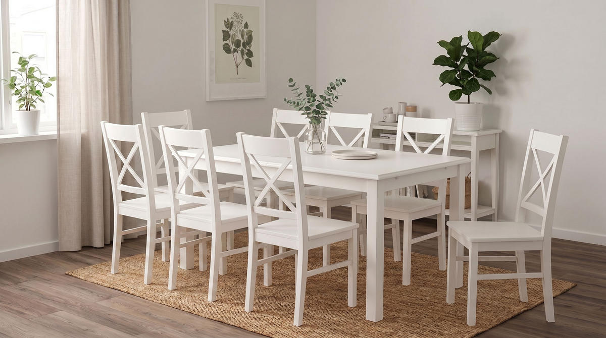 ESSZIMMER-SET Belluno Elegante 9-tlg Kiefer Weiß 150-197 / 93 / 75cm - Weiß, Holz (197/75/93cm) - Feldmann-Wohnen