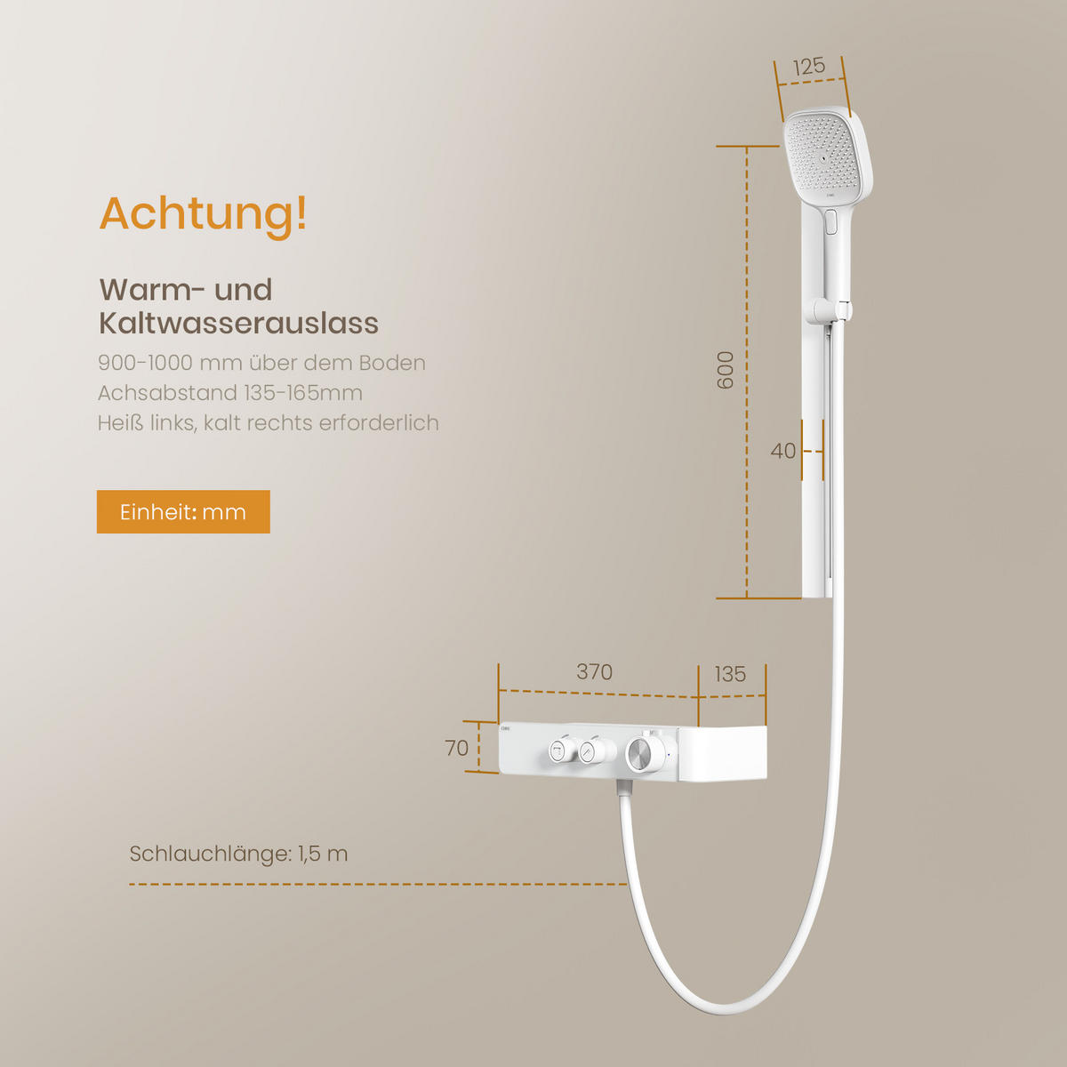 ÜBERKOPFBRAUSESET mit Zweiwege-Thermostatmischer Handbrause Weiß Matt - Weiß, Metall (35.5/115/15cm) - EMKE
