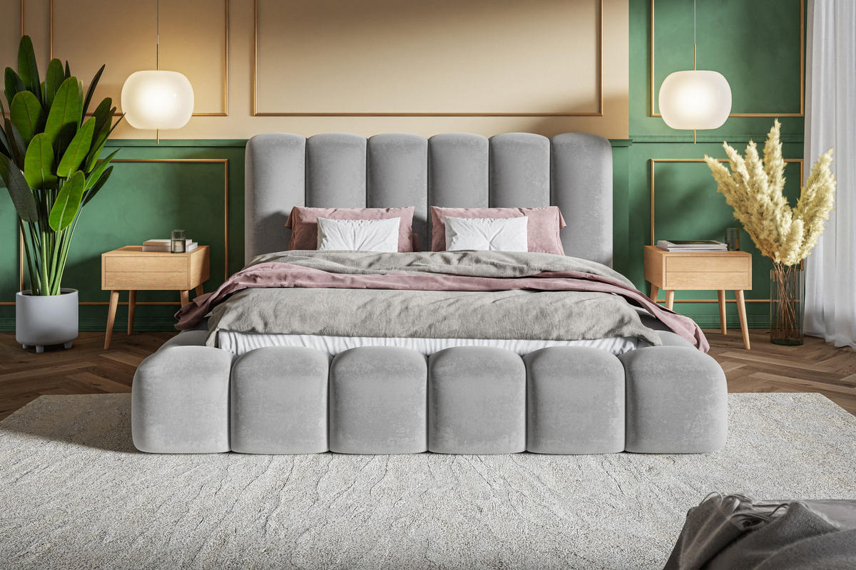 POLSTERBETT 160x200 cm Madeno mit Bettkasten, Samtstoff, Hellgrau - Hellgrau, Holz/Textil (160/200cm) - Emporius