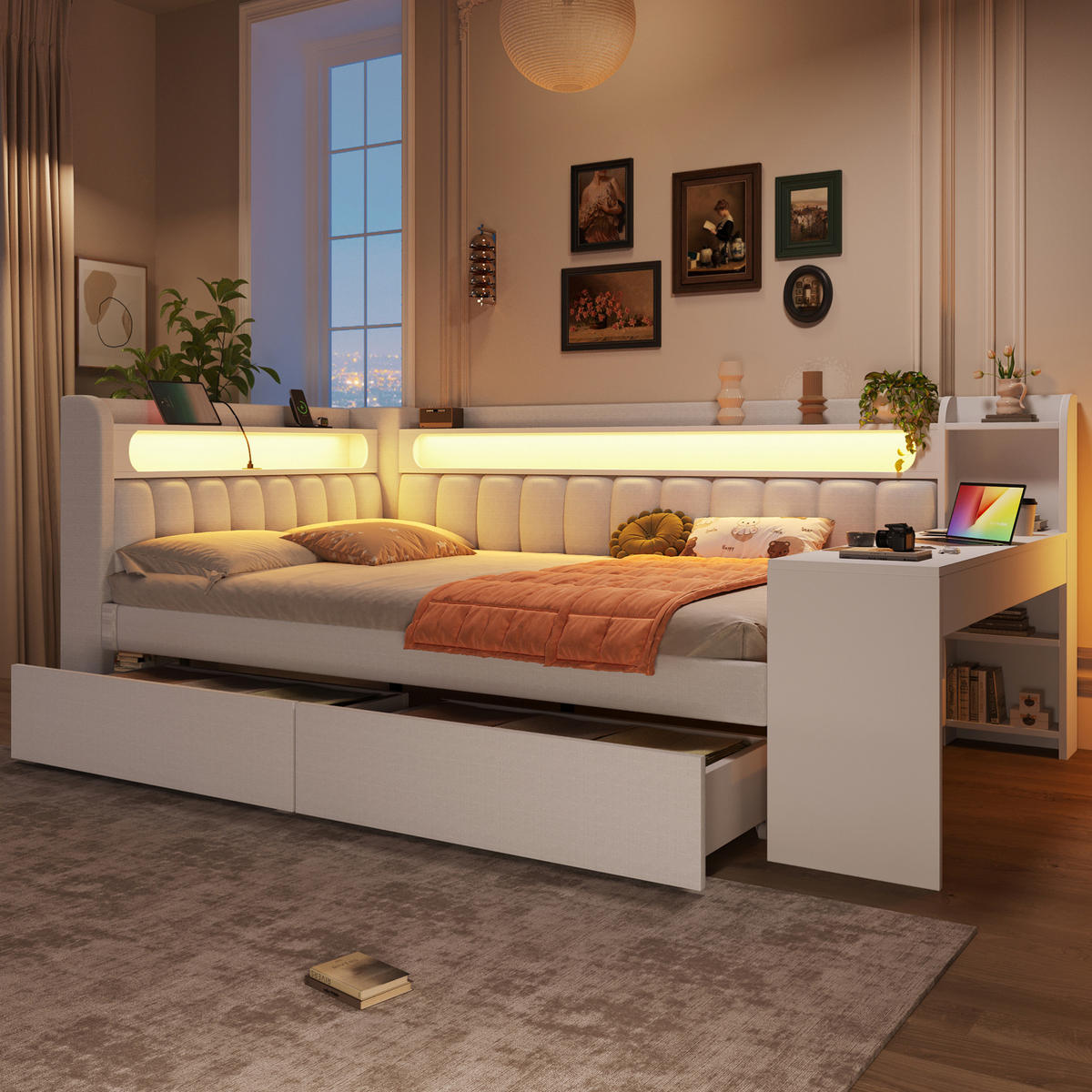 POLSTERBETT 140/200 cm mit LED-Beleuchtung, USB und Schreibtisch in Weiß - Weiß, Holzwerkstoff (140/200cm) - BEAOK