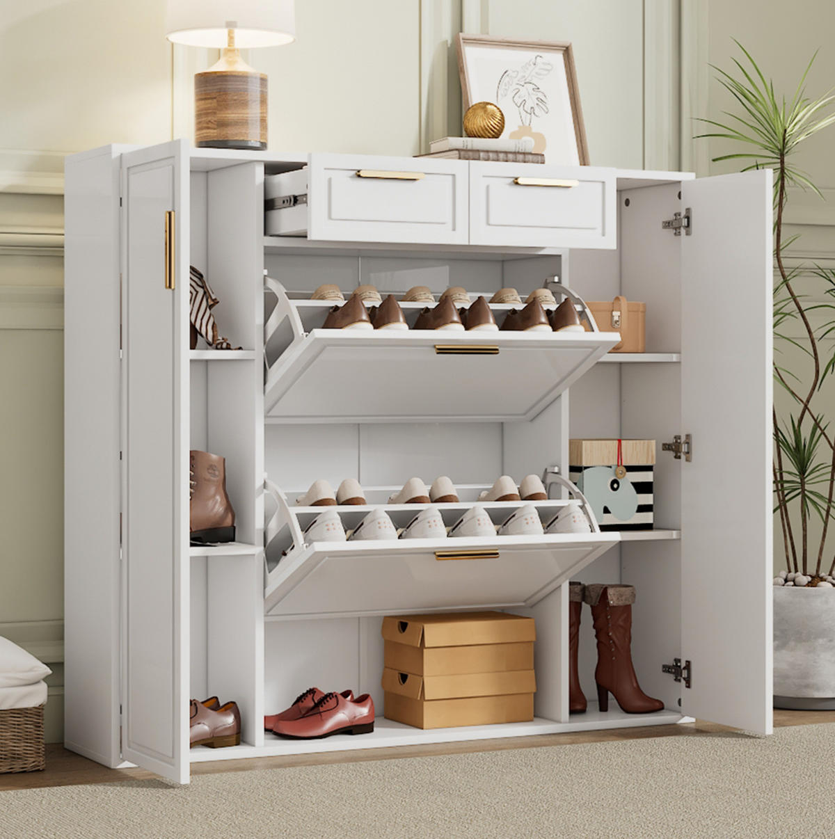 SCHUHSCHRANK 120/24/107 cm in Weiß mit 2 Schubladen und verstellbaren Einlegeböden - Weiß, Holzwerkstoff (120/107/24cm) - Flora Grace