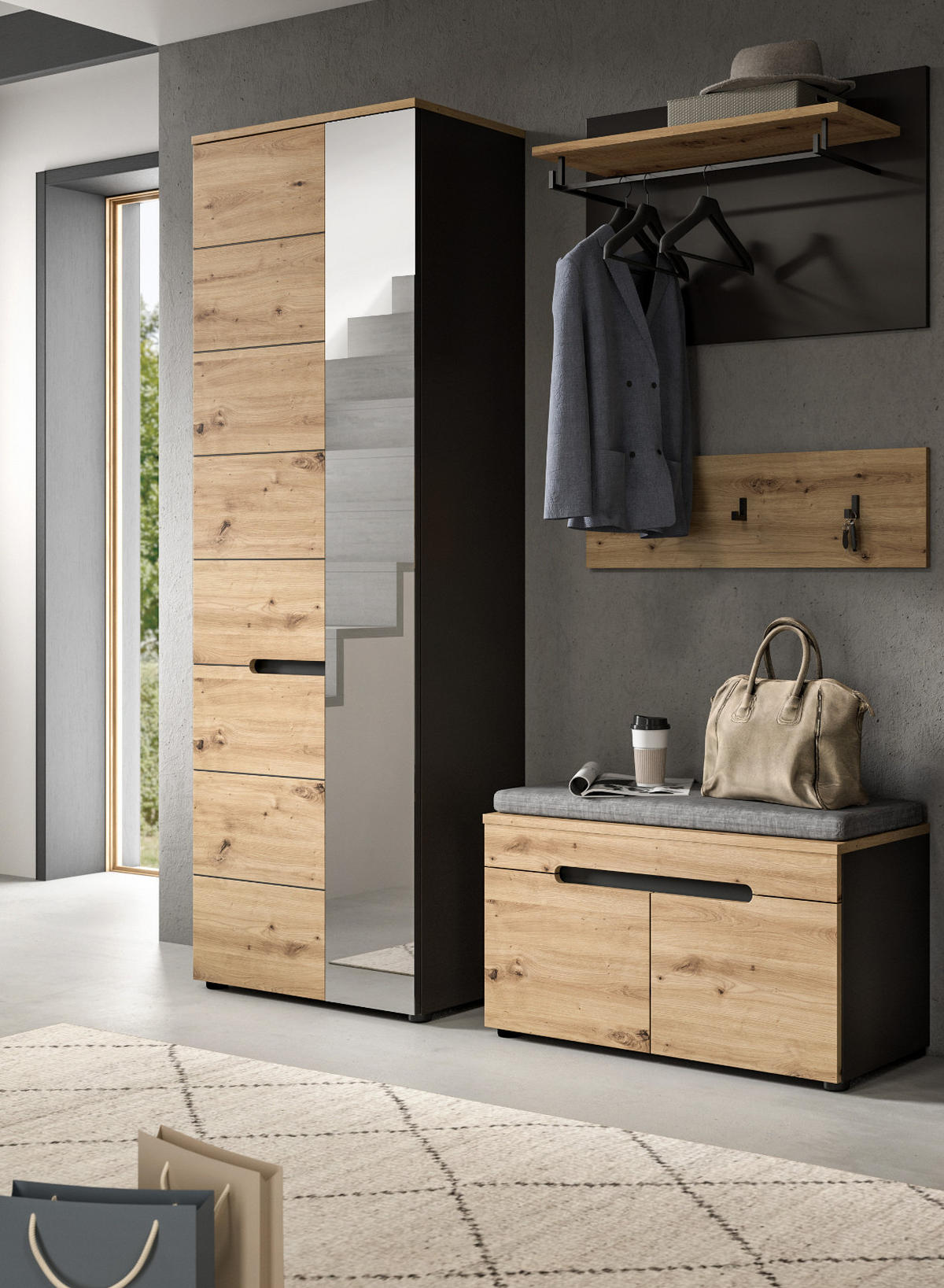 GARDEROBE Set 4-teilig Eiche Artisan und grau 160 cm, mit Soft-Close - Schwarz/Eiche Artisan, Glas/Holzwerkstoff (160/190/37cm) - Inn.Furn
