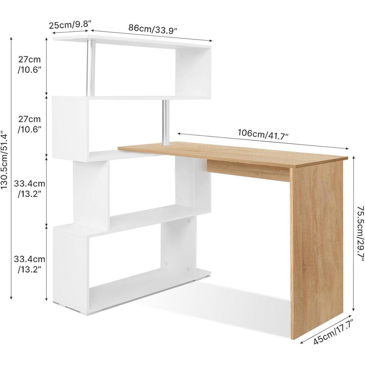 COMPUTERTISCH L-Form mit drehbarem Bücherregal Eiche/Weiß 157 x 45 x 130,5 cm - Multicolor, Holzwerkstoff (45/157/130.5cm)