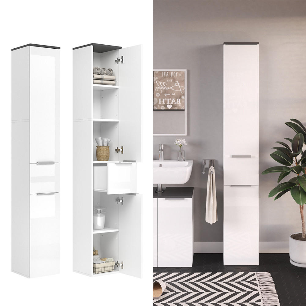 BADSCHRANK Otis Weiß Hochglanz 30 x 190 cm - Weiß Hochglanz/Weiß, Holzwerkstoff (30/190/30cm) - Vicco