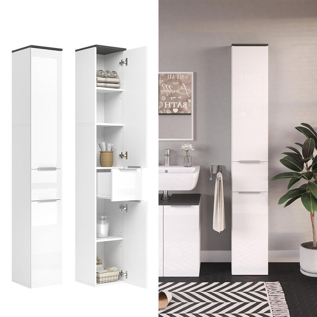 Thumbnail - Vicco Badschrank, Weiß Hochglanz, Holzwerkstoff, 6 Fächer, 1 Schubladen, Quadratisch, 30x190x30 cm, Badezimmer, Badezimm...