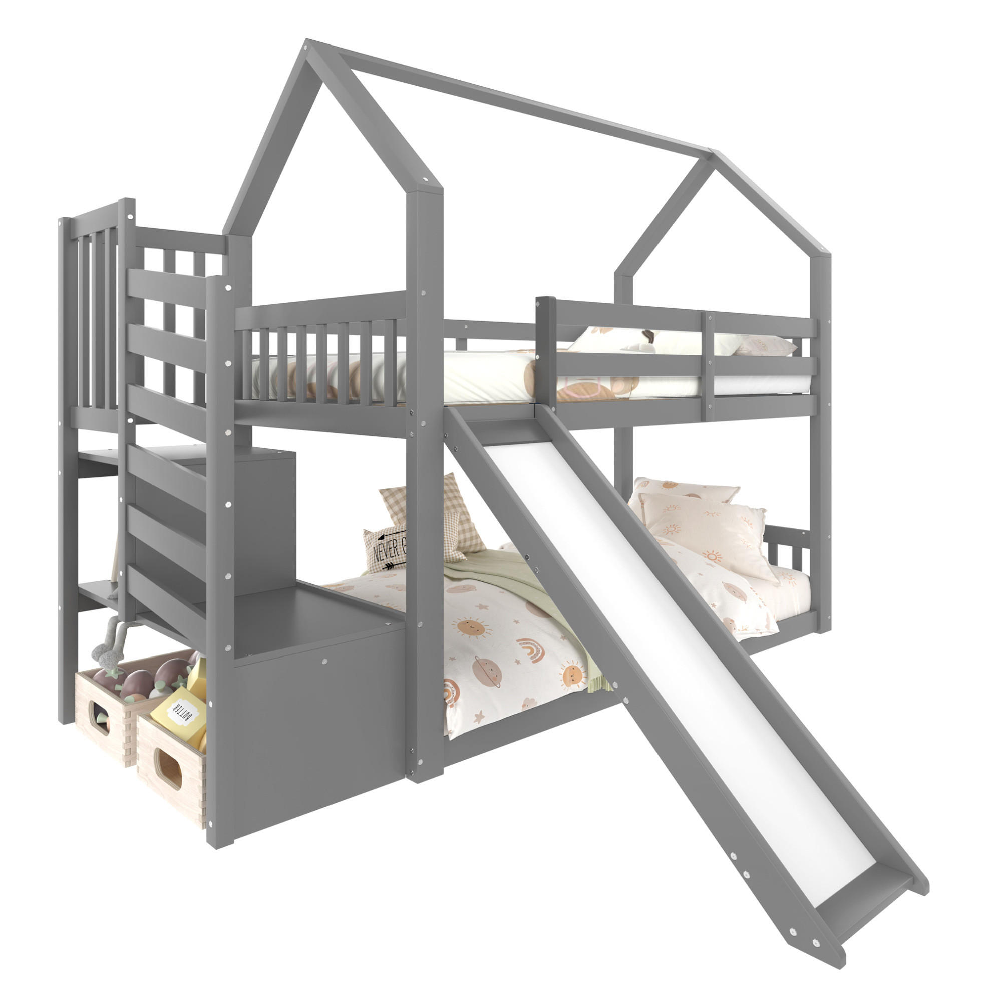 ETAGENBETT mit Stauraumtreppe und Rutsche 90x200 cm Kiefernholz Grau - Grau, Holzwerkstoff (90/200cm) - Beauniv