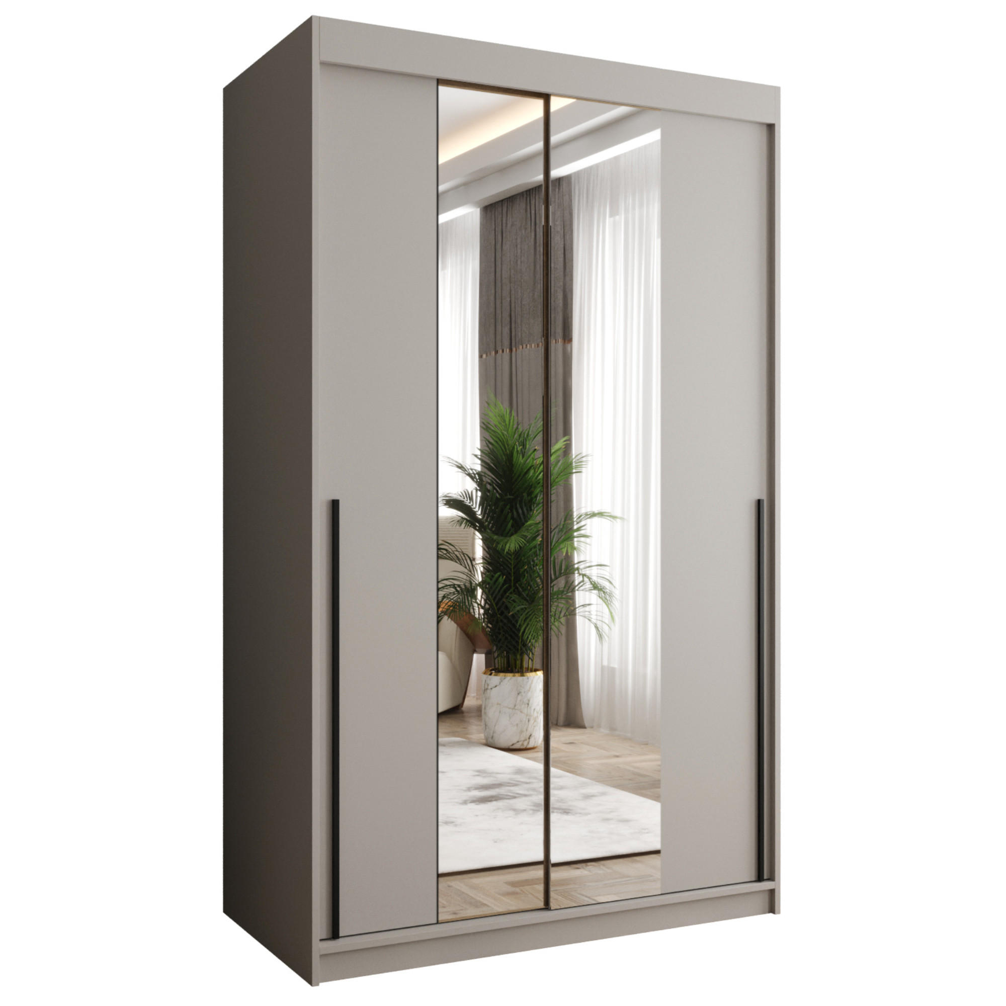 SCHIEBETÜRENSCHRANK mit Spiegel 120 cm Breite Kaschmir mit schwarzem Griff - Kaschmir/Schwarz, Holzwerkstoff (120/200/62cm) - Home Collective