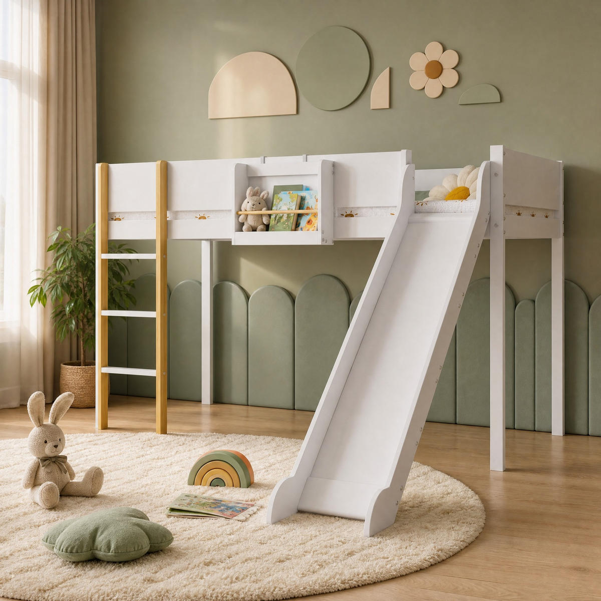 HOCHBETT 90/200 mit Rutsche, Leiter und abnehmbarem Regal in Weiß und Natur - Weiß, Holz/Holzwerkstoff (90/200cm) - EVRYAE
