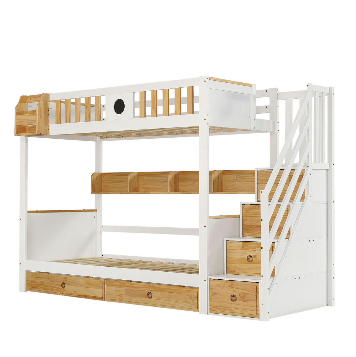 ETAGENBETT 90/200 cm aus Kiefer und MDF mit Stauraumtreppe Weiß/Natur - Weiß, Holzwerkstoff (90/200cm) - Modenvie
