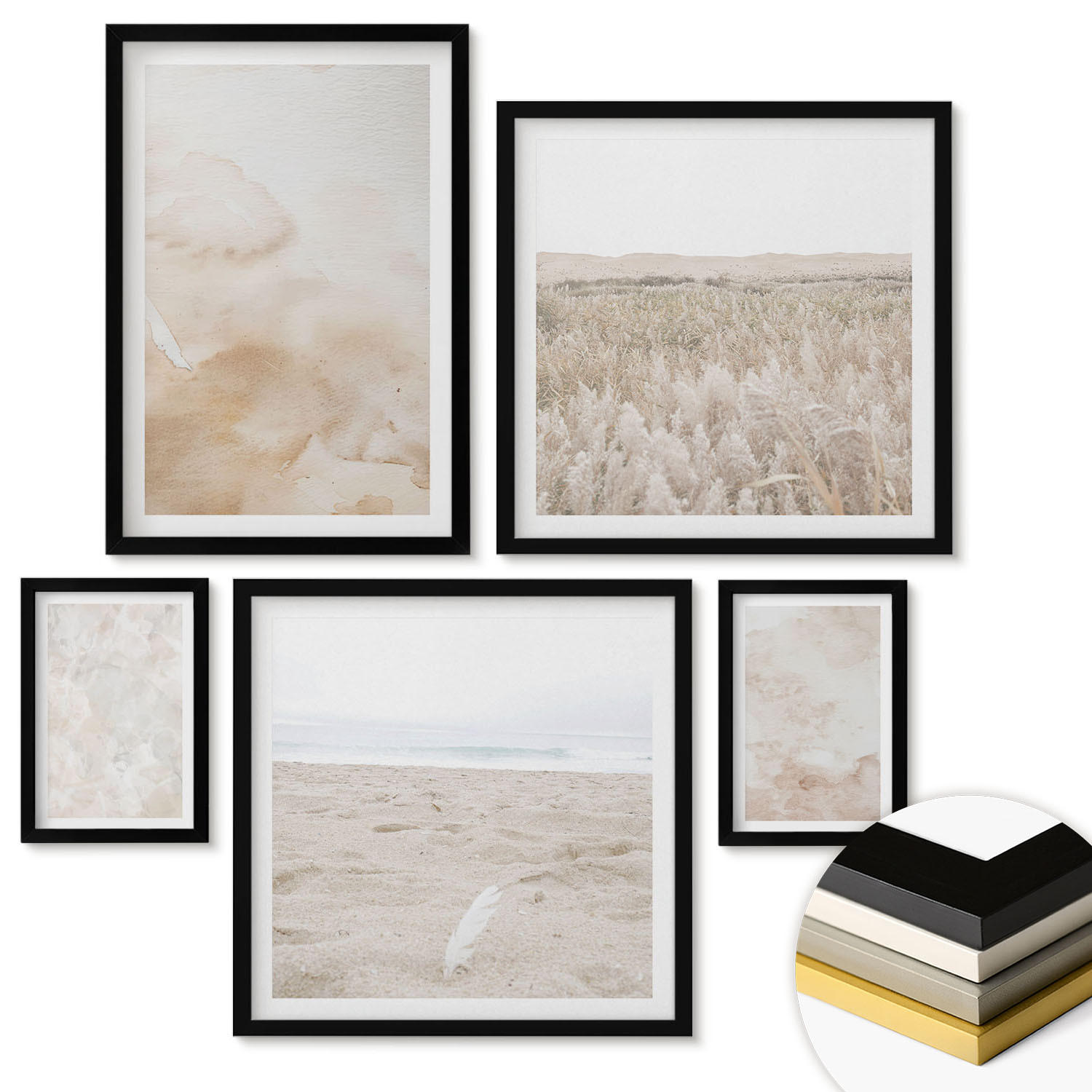 WANDBILDER 5er-Set - 50x50 cm & 20x30 cm & 40x60 cm Schwarzer Rahmen - Modische Pastelltexturen - Schwarz, Kunststoff (40/60cm) - ArtPrintCave