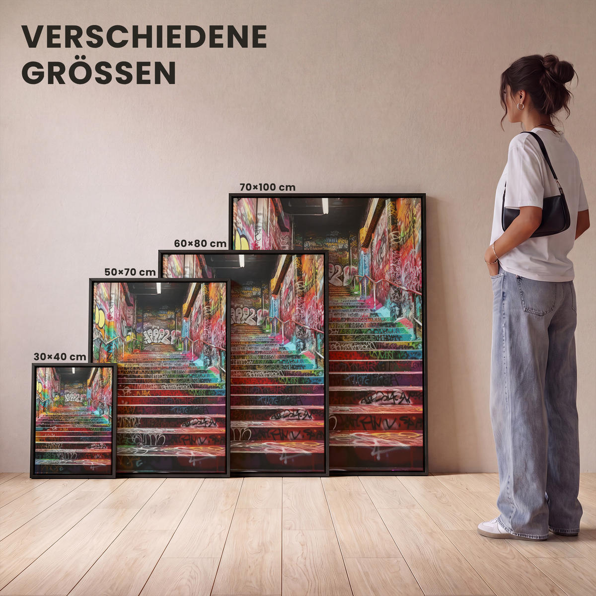 LEINWAND Bilder mit Rahmen - Treppe - Graffiti - Farben - Kunst - 70x100 - Multicolor, Textil (70/100cm) - MuchoWow