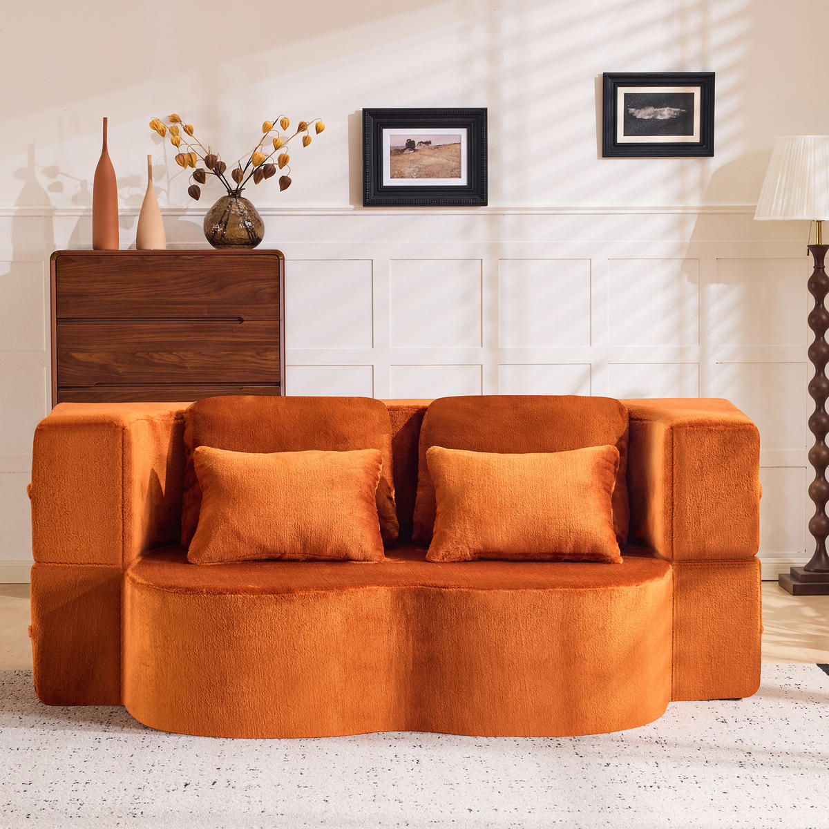 2-SITZER SCHLAFSOFA Flanell Orange mit 4 Kissen - Orange, Textil (198/76/120cm) - WISHDOR