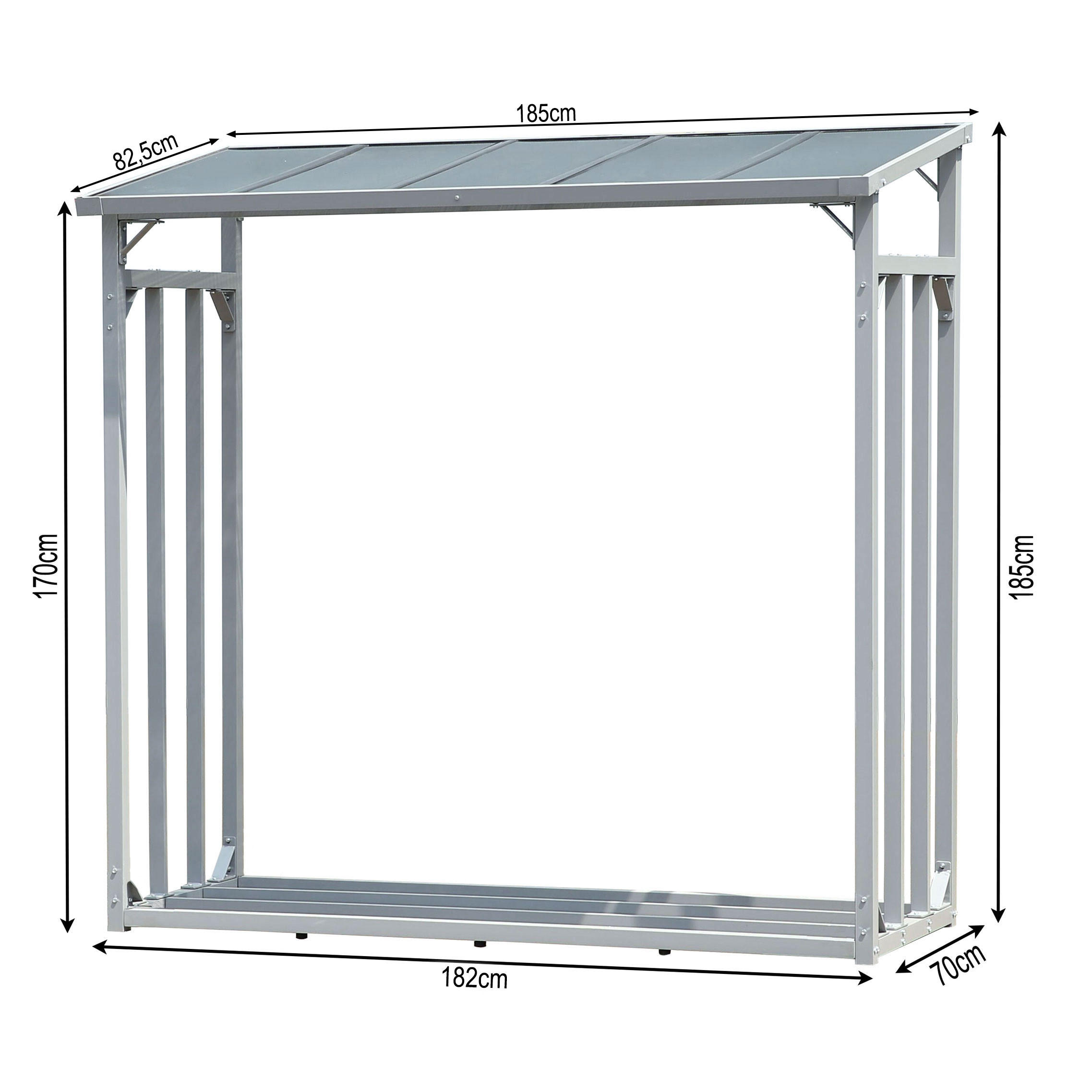 KAMINHOLZREGAL Außen 185x70x185 cm Aluminium Grau mit Wetterschutz 2,3 m³ / 3,5 SRM - Schwarz/Grau, Metall (185/185/70cm) - QUICK STAR