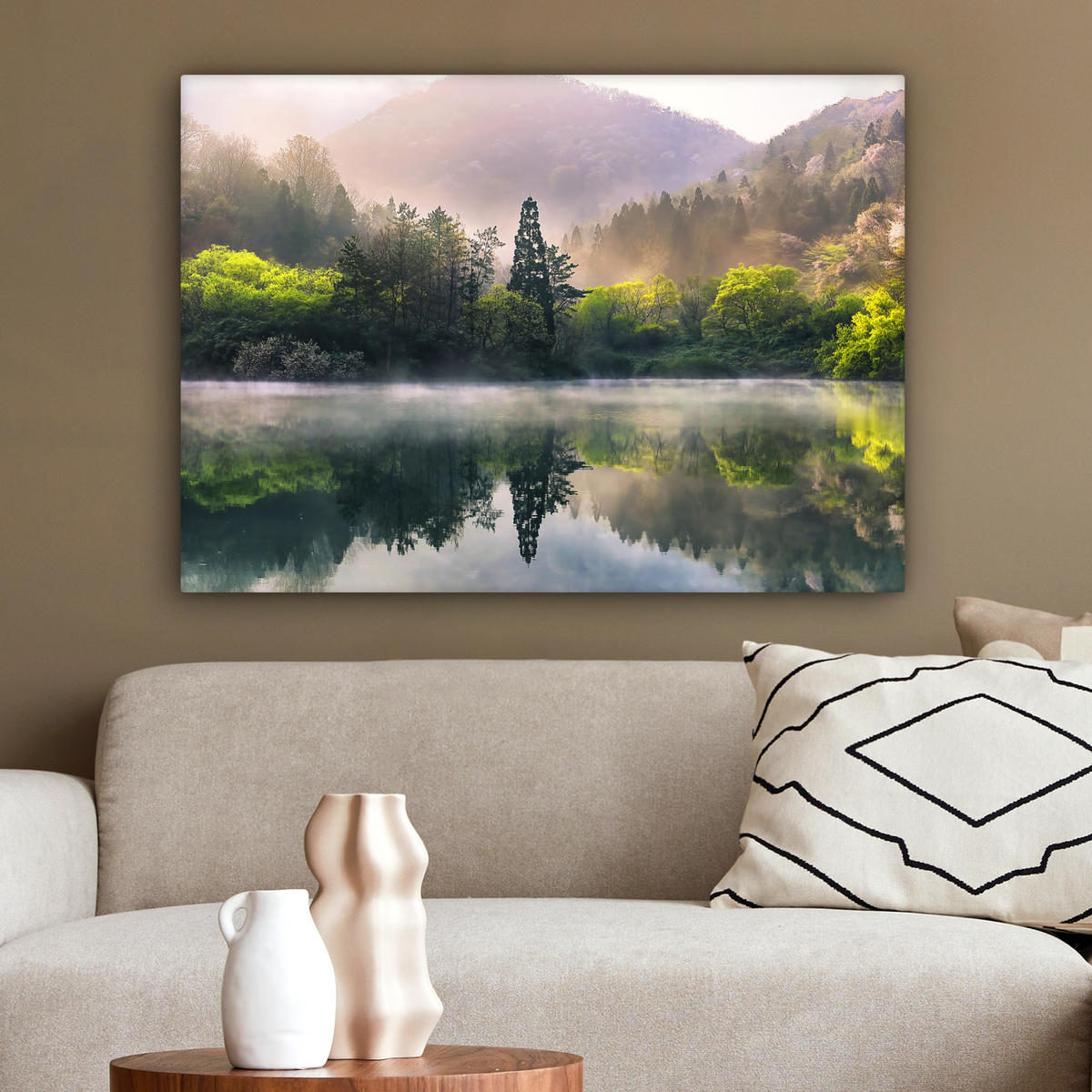 LEINWANDBILD Natur - Bäume - Berge - See - Wasser Wandbilder 80x60 cm - Hellgrün, Textil (80/60cm) - MuchoWow