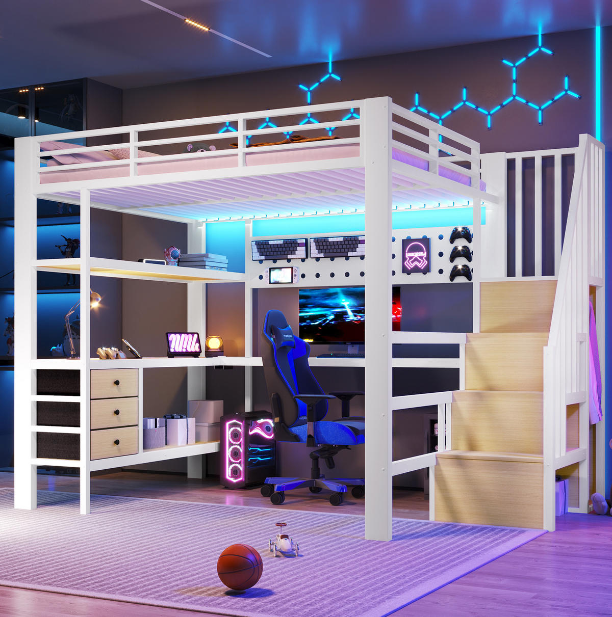 HOCHBETT 140/200 cm, Weiß mit Schubladen, Tisch, LED-Licht ohne Matratze - Weiß, Metall (140/200cm) - MIVRAY