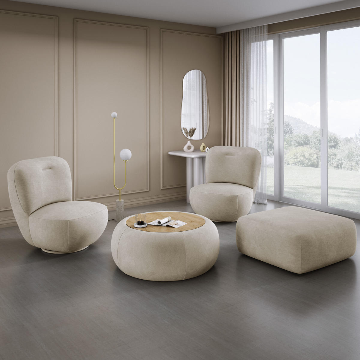 DREHSESSEL LUIS, Freistehend, Sitz drehbar 360°, 39x82x56 cm, SCHMUTZIGES BEIGE - Greige, Holz/Textil (82/72/66cm) - DomoHome
