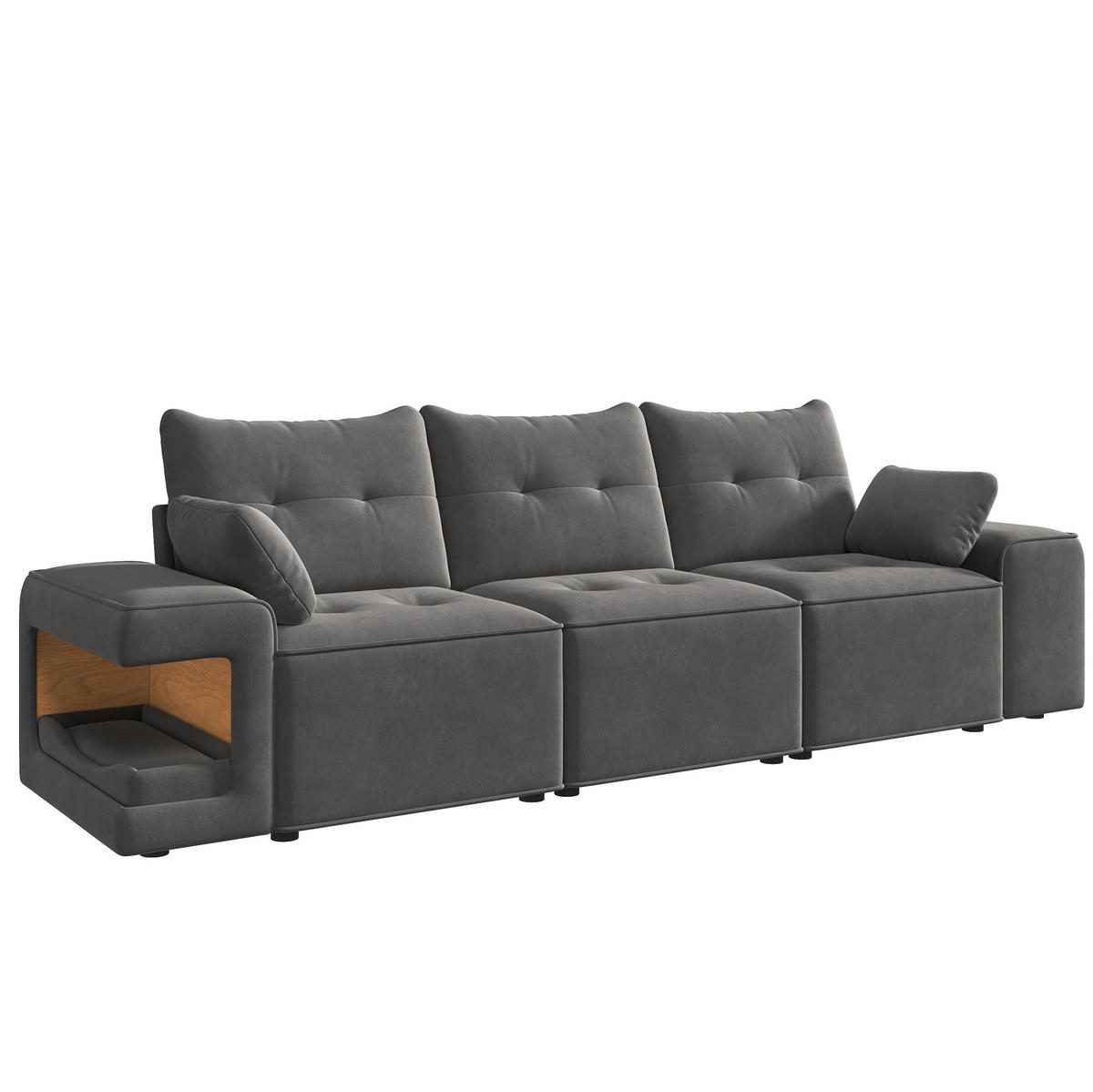 3-SITZER-SOFA aus Velours 229,5x78x84 cm Grau mit Stauraum, Haustiernischen und 2 Kissen - Grau, Textil (229.5/84/78cm) - Modfu