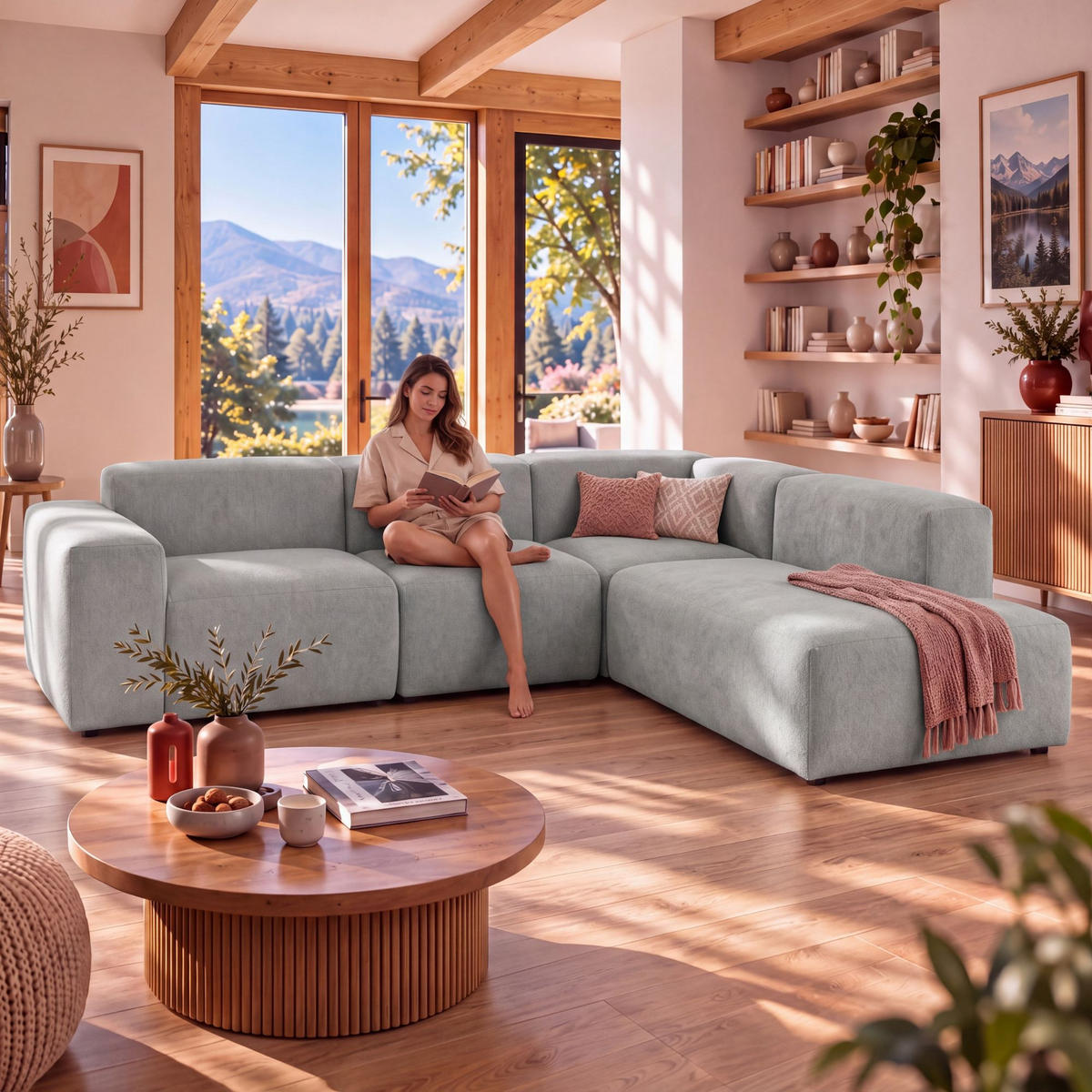 4-SITZER modulares Ecksofa HEAVEN SET 2 Rechts, Breite 300 cm Webstoff Grau - Schwarz/Grau, Holz/Kunststoff (245/300cm) - Muffo