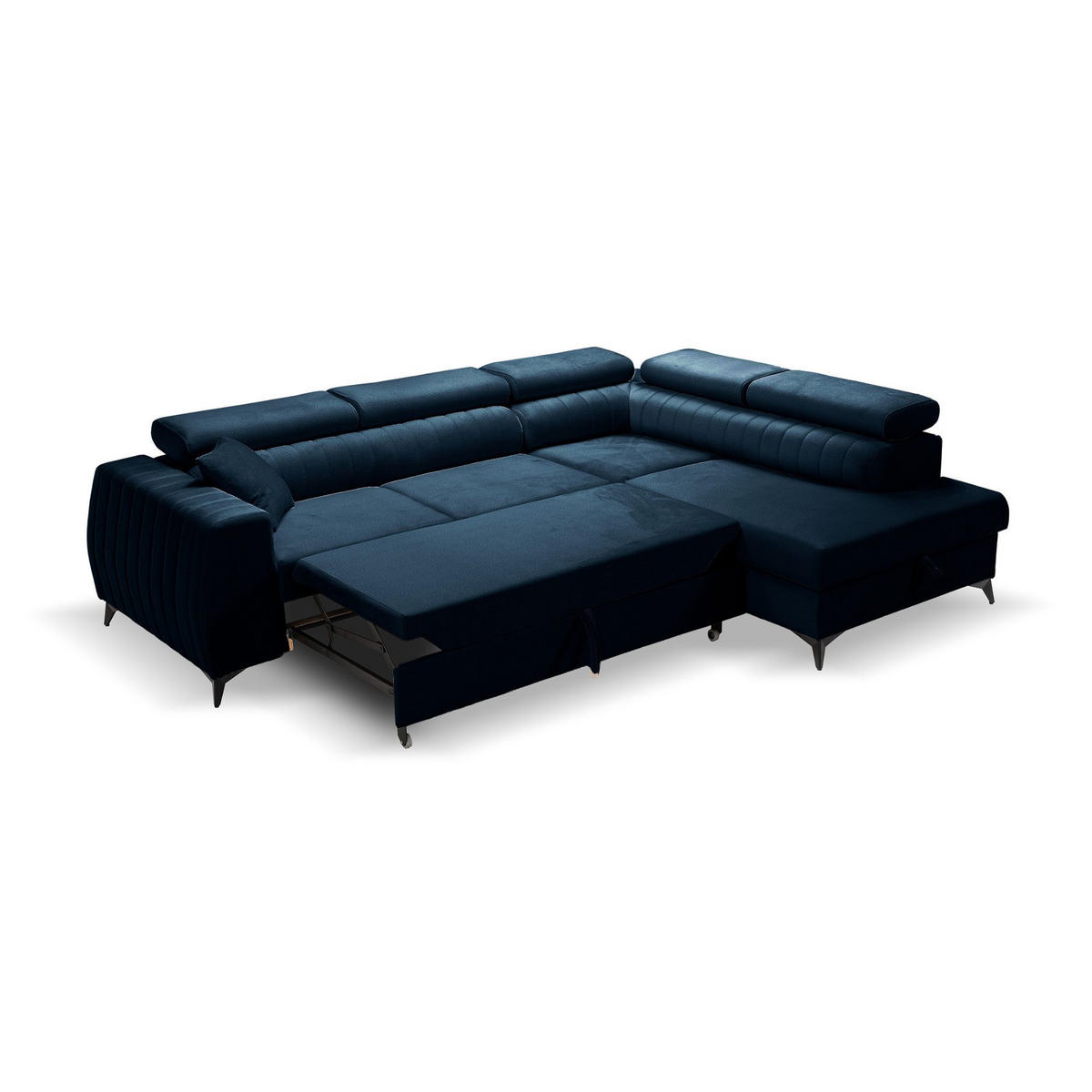 ECKSOFA PIERO L Rechts mit Schlaffunktion 195x125 Velours Dunkelblau - Schwarz/Dunkelblau, Holz/Textil (203/268cm) - Muffo