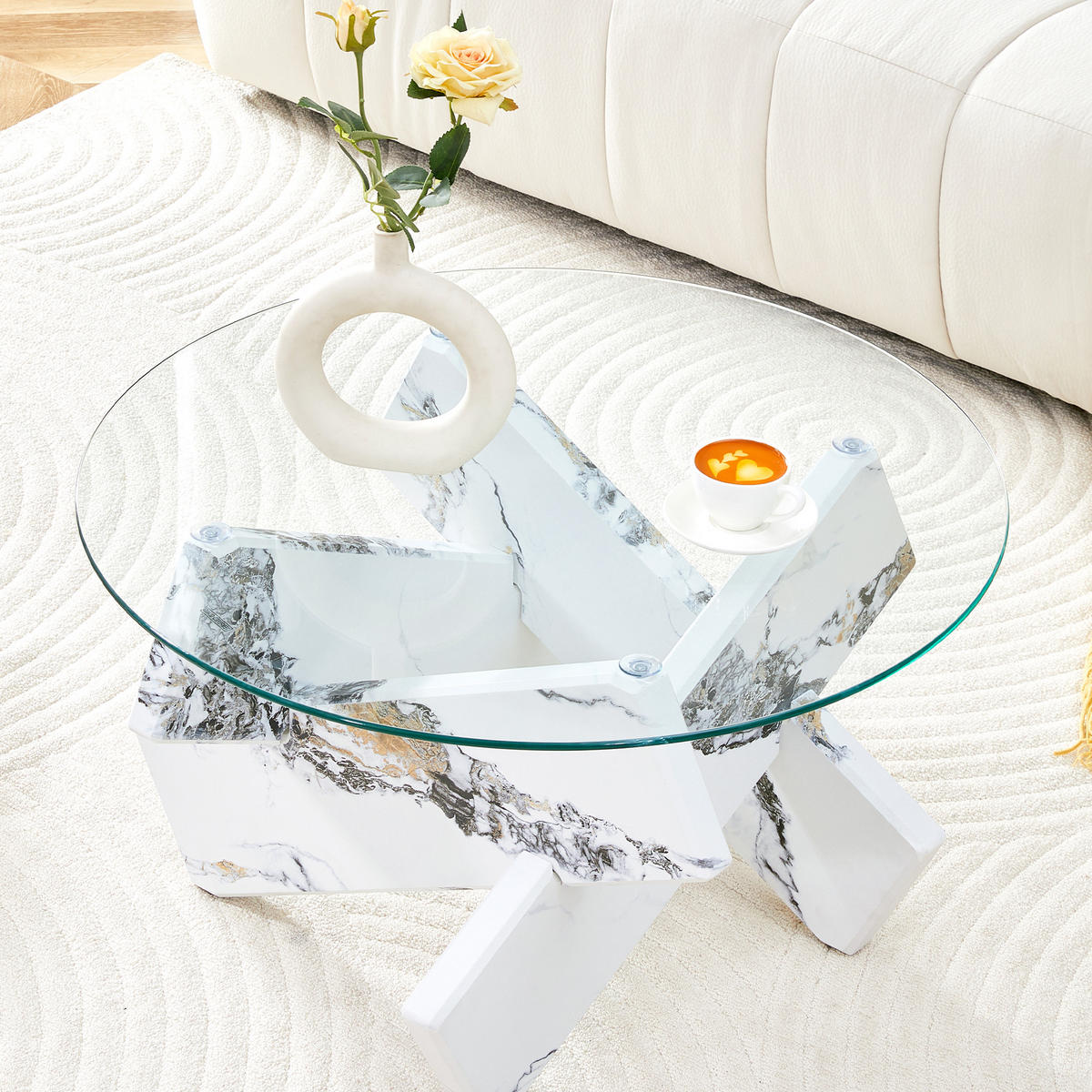 COUCHTISCH in Weiß Wohnzimmertisch mit Kreativer kreuzförmiger Holzrahmen für Wohnzimmer, B79/T79/H45 cm - Transparent/Weiß, Glas/Holzwerkstoff (79/79/45cm) - STILVORA