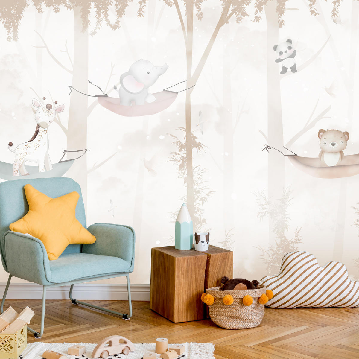 FOTOTAPETE für Kinderzimmer Tiere Hängematten WALD Elefant Giraffe 450x315 - Beige/Schwarz, Papier (450/315cm) - Muralo