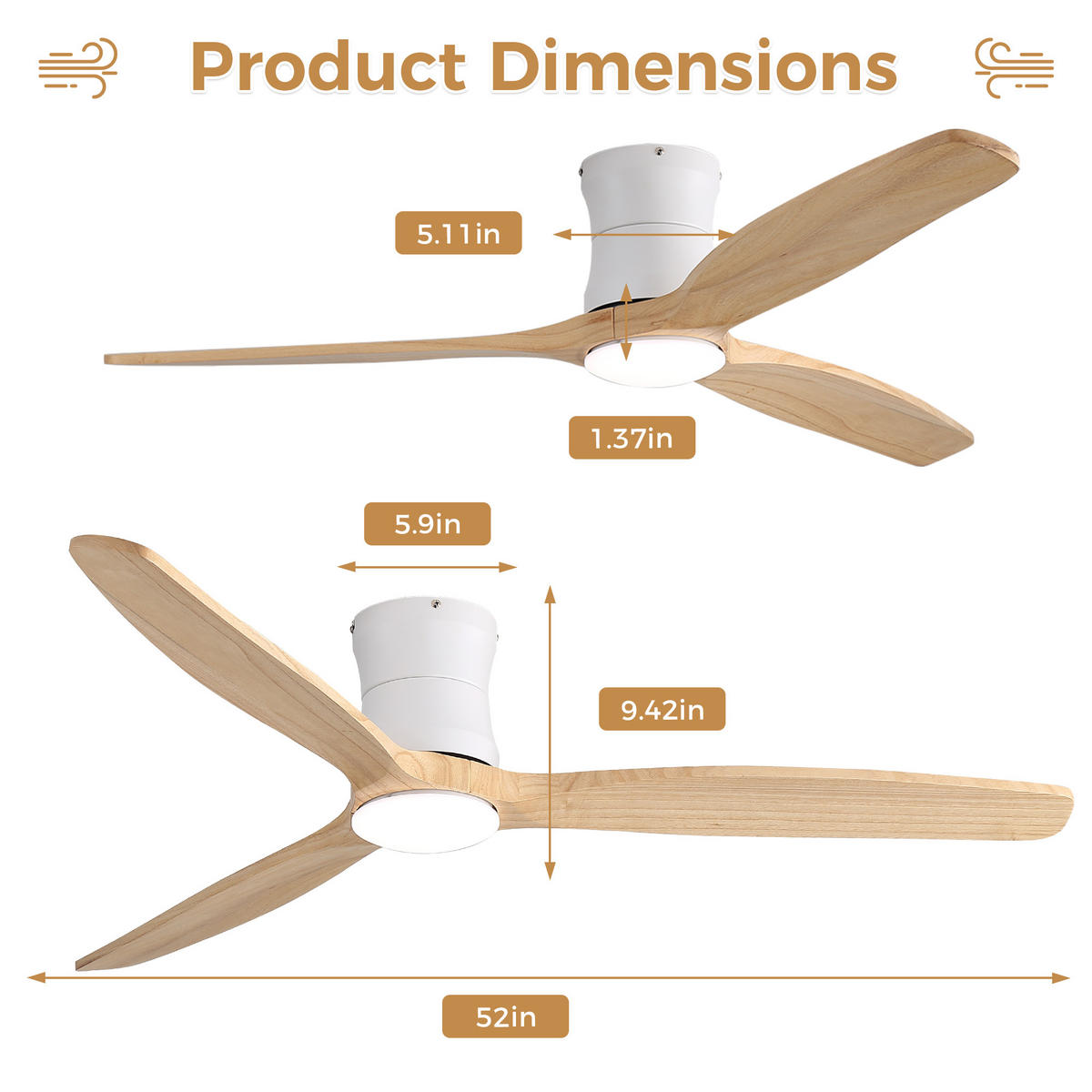 DECKENVENTILATOR 52Zoll LED Licht Holzflügel DC Motor Fernbedienung - Weiß, Kunststoff (132.08/132.08/28.5cm) - CASIVA
