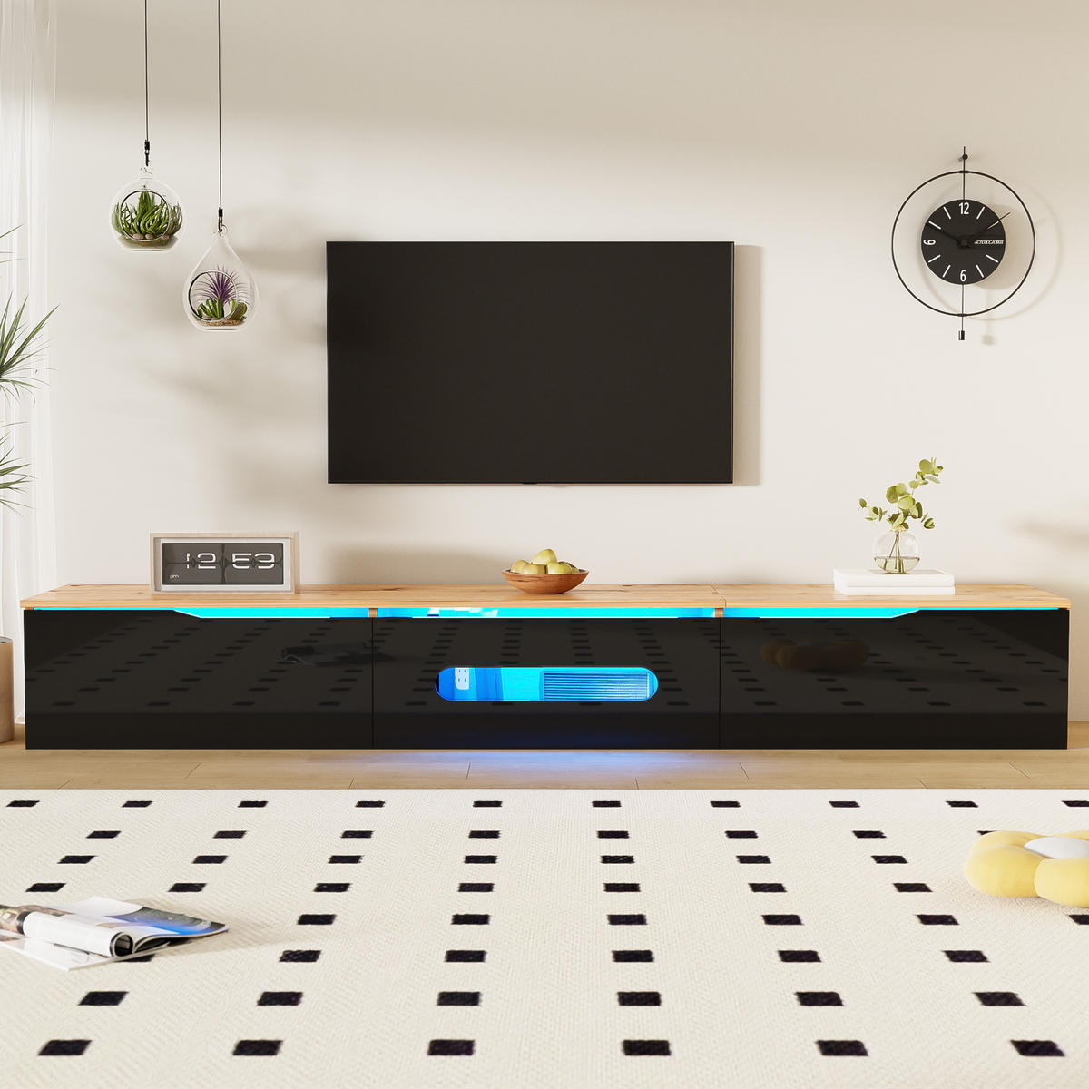 LOWBOARD 180 cm mit 16-Farben-LED-Beleuchtung Hochglanzoberfläche 180/35/30 cm - Schwarz/Naturfarben, Holzwerkstoff (180/30/35cm) - EVRYAE