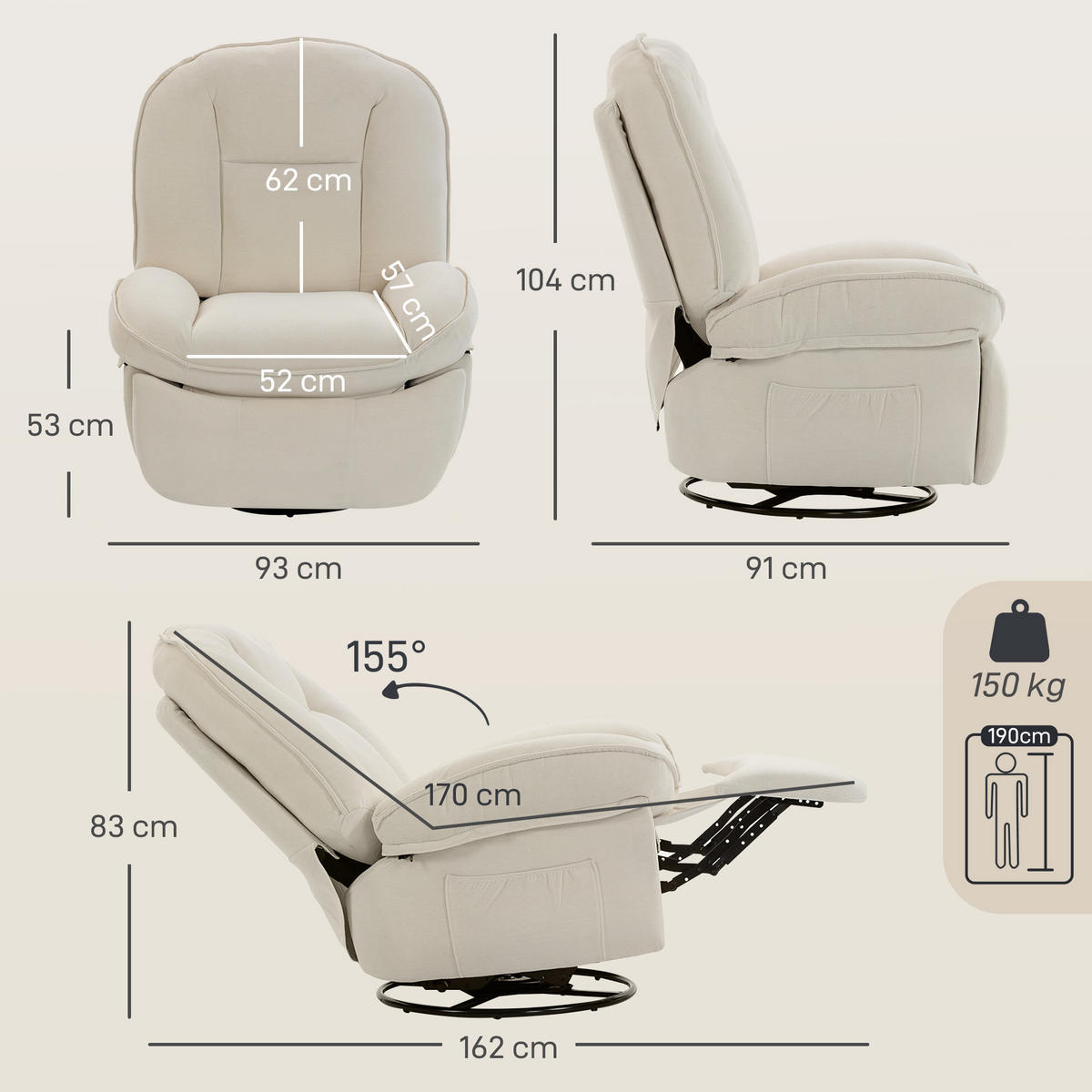 RELAXSESSEL Polyester Schaumstoff Cremeweiß - Creme/Schwarz, Holzwerkstoff/Textil (91/104/93cm) - HOMCOM