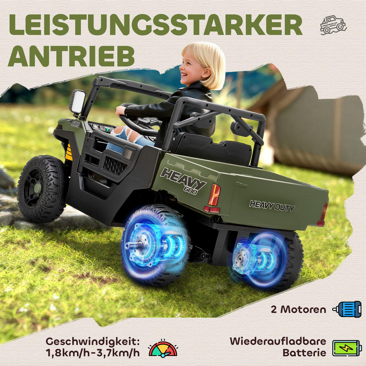 KINDER-ELEKTROAUTO 12V mit Fernbedienung, 2 Motor Grün - Grün, Kunststoff (105/60/60cm) - AIYAPLAY