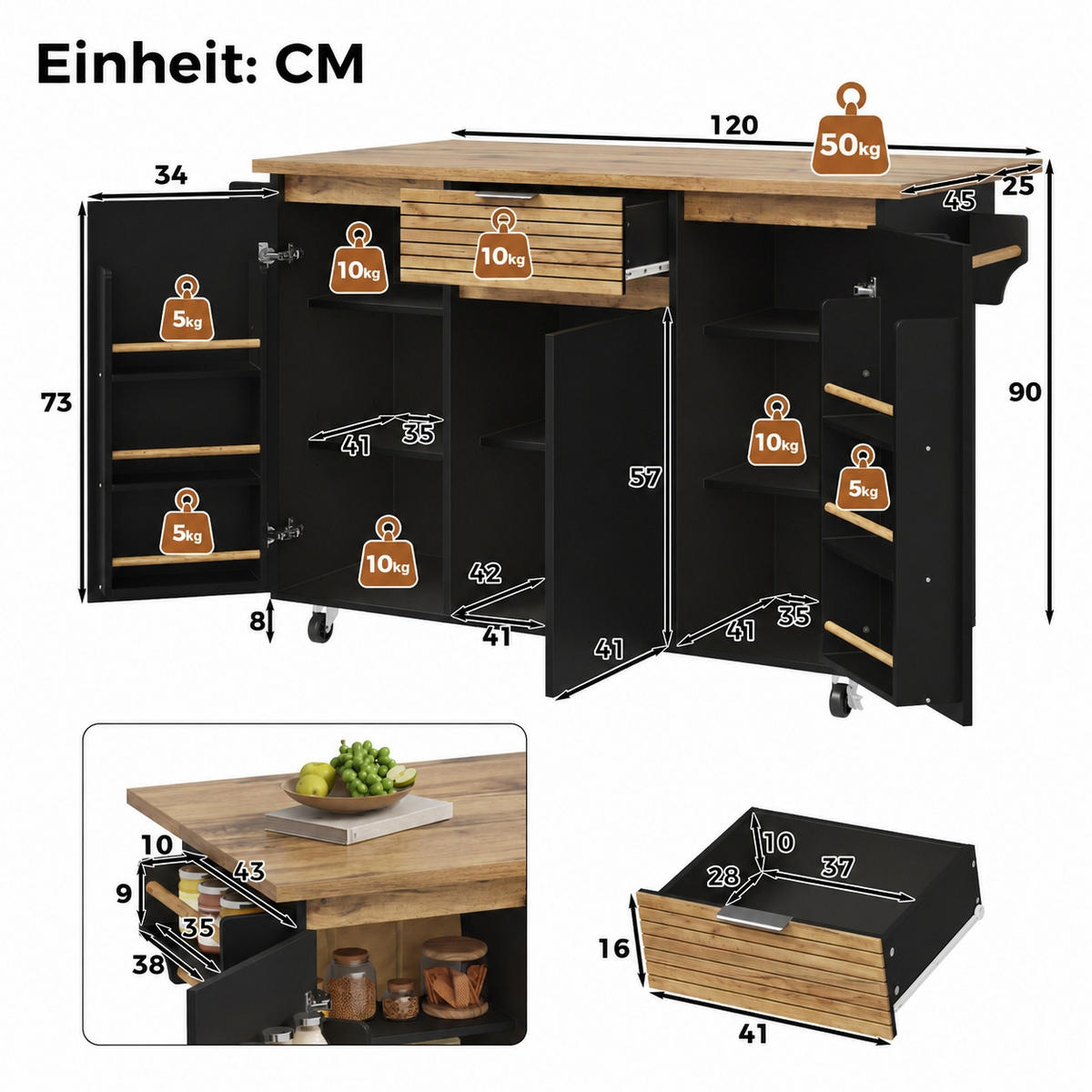 KÜCHENINSEL auf Rollen 120/45/90 cm Schwarz mit klappbarer Arbeitsplatte, 1 Schublade und 3-stufigem Türregal - Silberfarben/Schwarz, Holz/Holzwerkstoff (70/90/120cm) - Oxeza