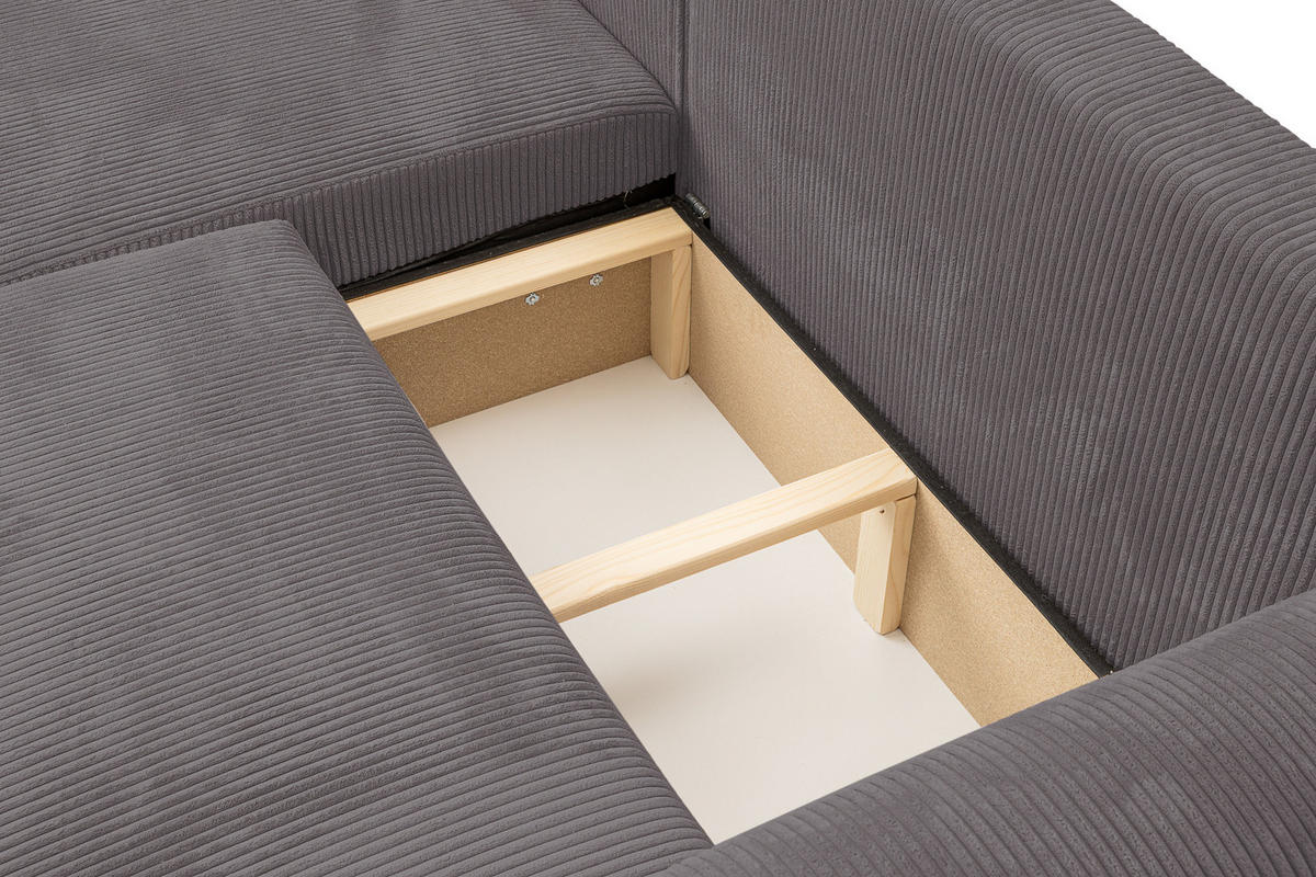 ECKSOFA Roma, Eckcouch in L-Form mit Schlaffunktion und Bettkasten, Farbe: Dunkelgrau, Cordstoff, Ottomane Universal - Dunkelgrau, Textil (244/142cm) - VENASI MÖBEL